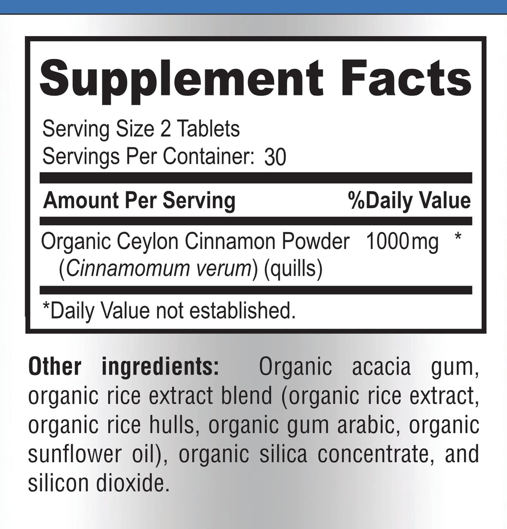 YUMMYVITE Organic Ceylon Cinnamon - 1000mg per Serving, True Cinnamon Supplement, 60 Tablets