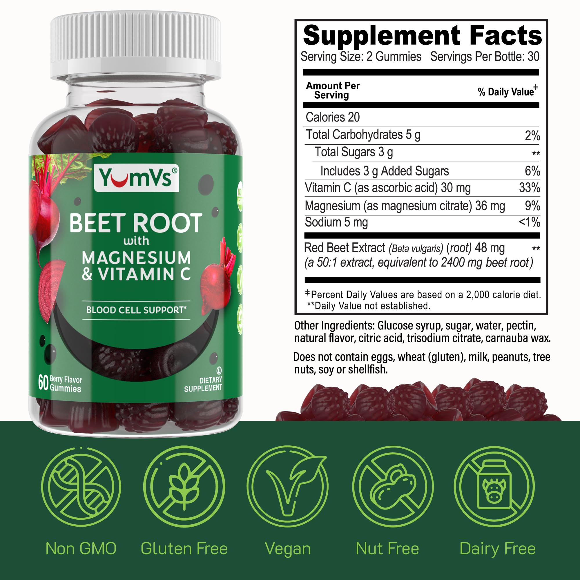 YumVs Beet Root Gummies with Magnesium & Vitamin C – Berry Flavor (60 Count)