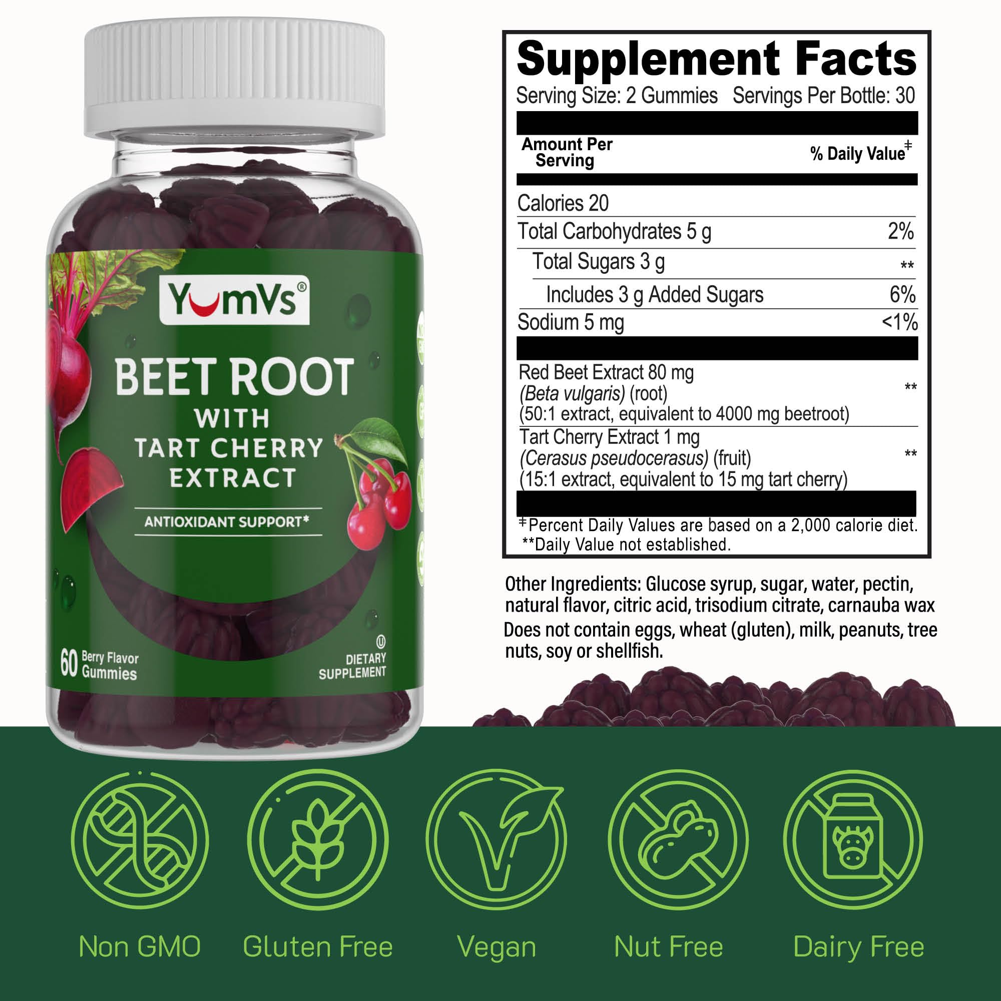 YUM-V'S Beet Root Gummies with Tart Cherry – Berry Flavor, Antioxidant & Circulation Support