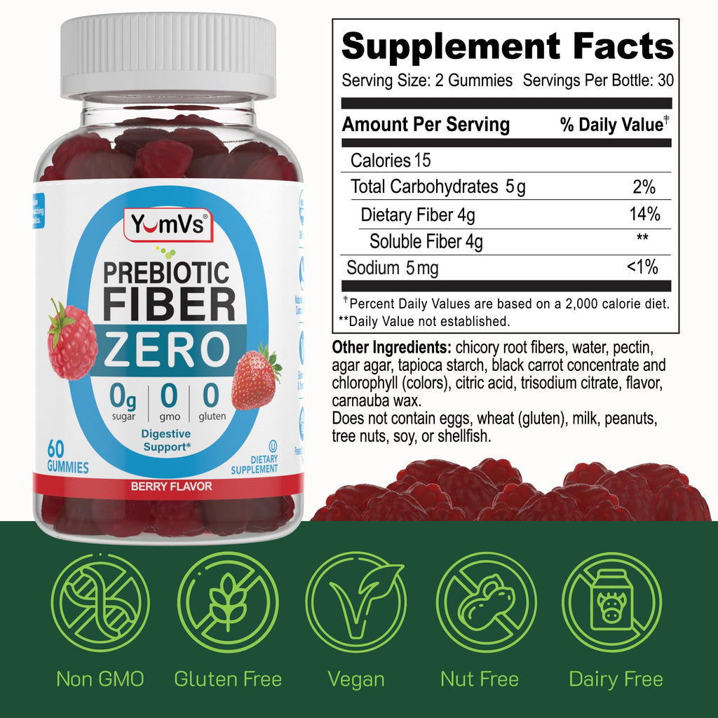 YumVs Sugar Free Fiber Gummies for Adults – 4g Prebiotic Fiber Supplement Gummies for Gut & Digestive Health – Keto Friendly, Vegan, Gluten Free, Non-GMO – Great Tasting Berry Flavor – 60 Count