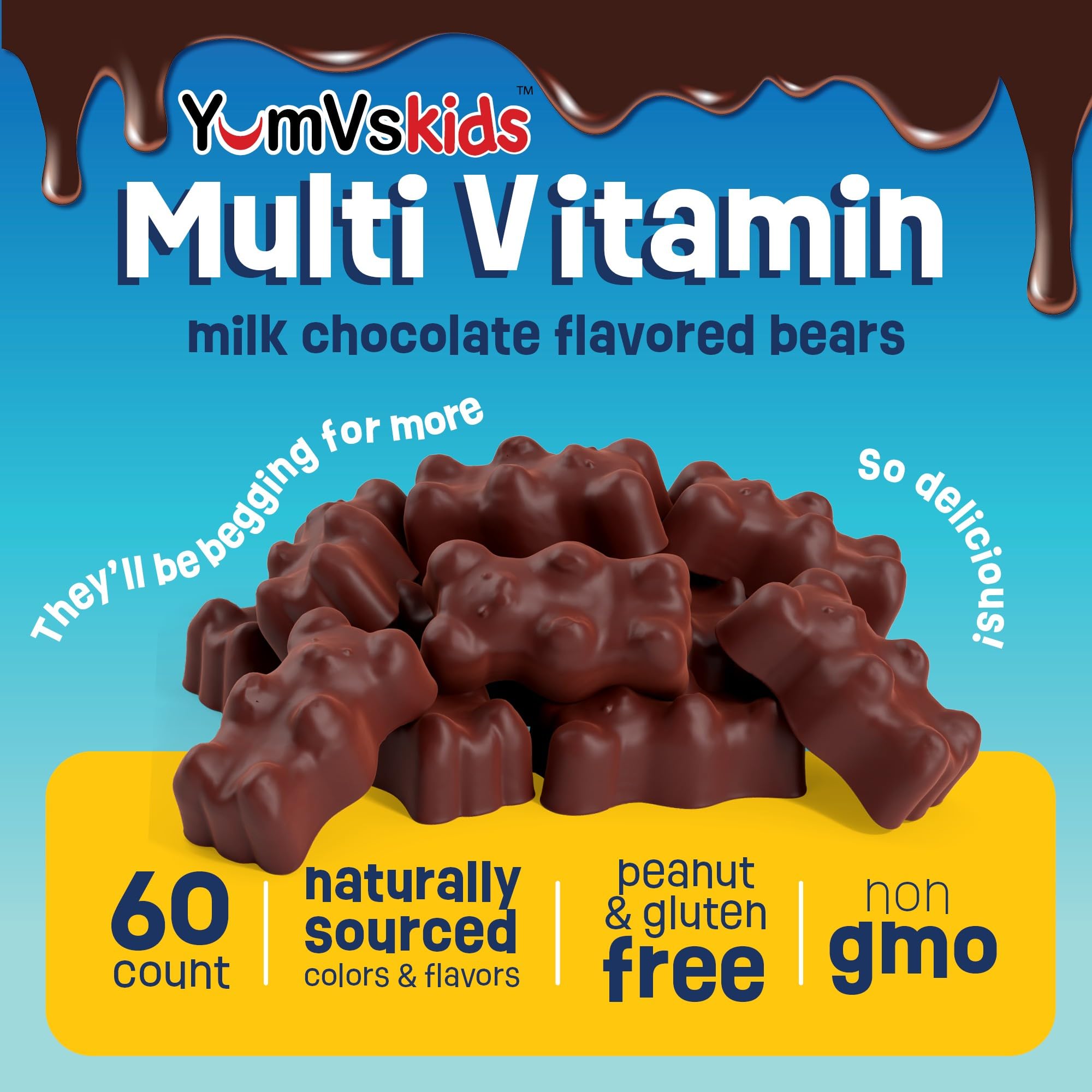 YUM-V'S Kids Multivitamin Chocolate Bears – 60 Count, 16 Vitamins & Minerals