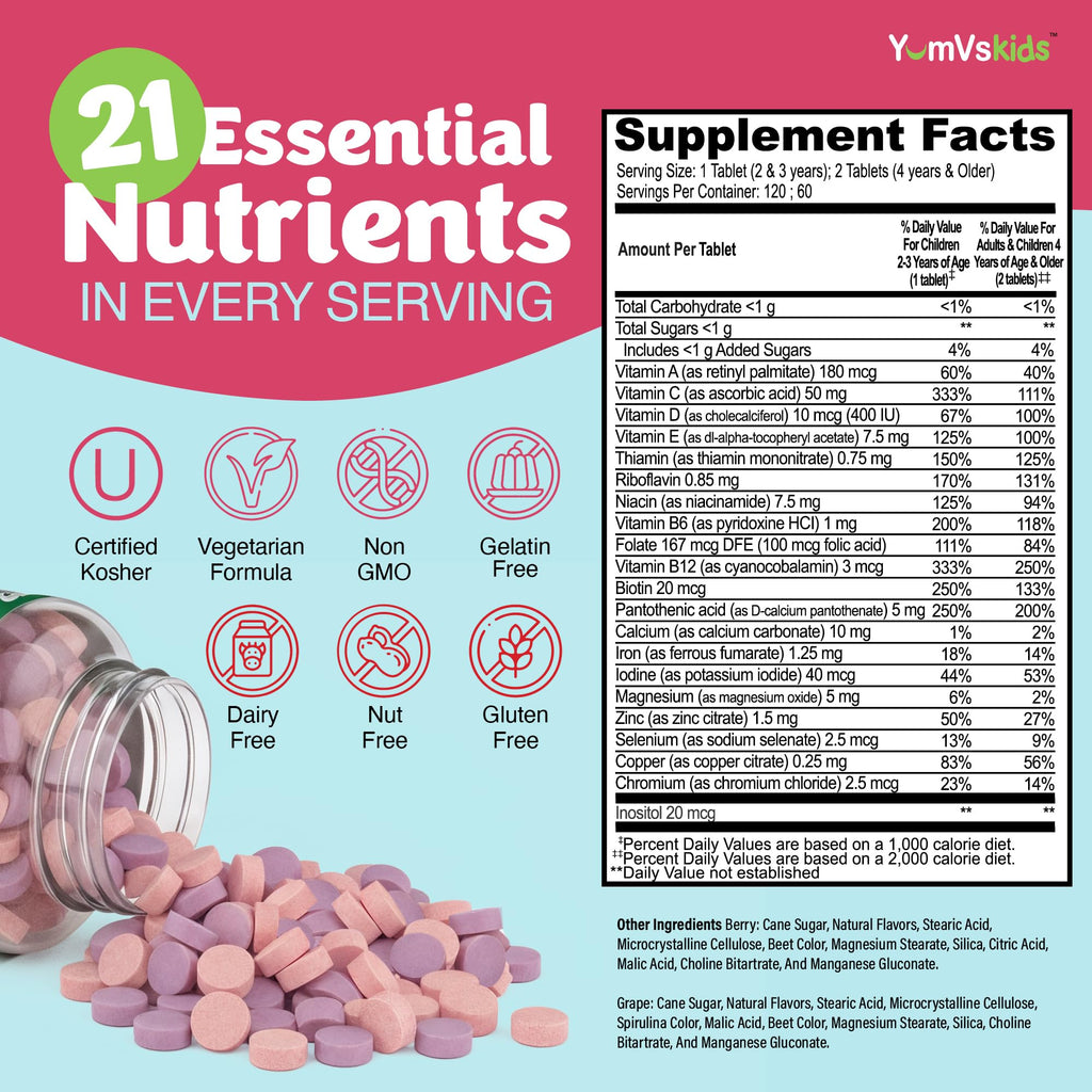 YUM-V'S Kids Multivitamin with Iron – 2-Pack, 120 Chewables | Kosher, Halal, Gluten Free