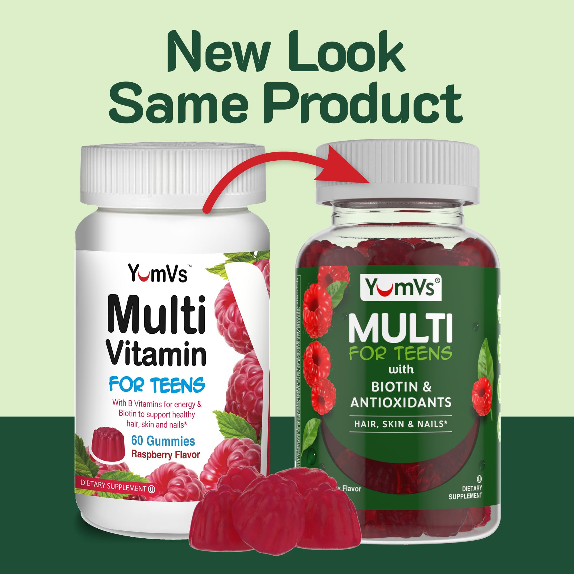 YumVs Teen Multivitamin Gummies - Raspberry Flavor | Biotin & Antioxidants | Hair, Skin & Nails | Kosher 12-17 (60 Count)