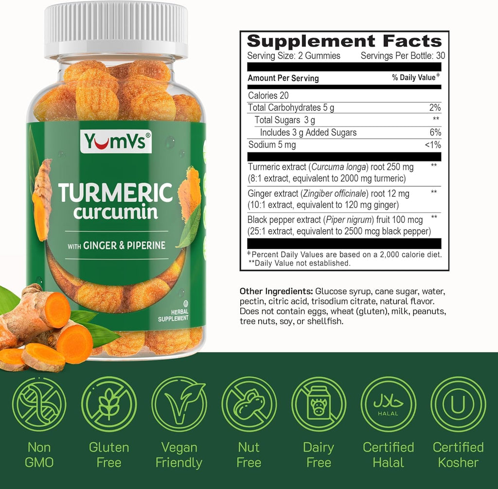 YumV’s Turmeric Gummies with Ginger & Piperine – Peach Flavor, Gluten Free (Vegetarian) – Pack of 2