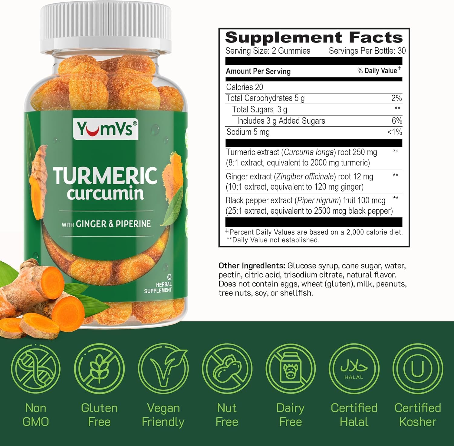 YumV’s Turmeric Gummies with Ginger & Piperine – Peach Flavor, Gluten Free (Vegetarian) – Pack of 2