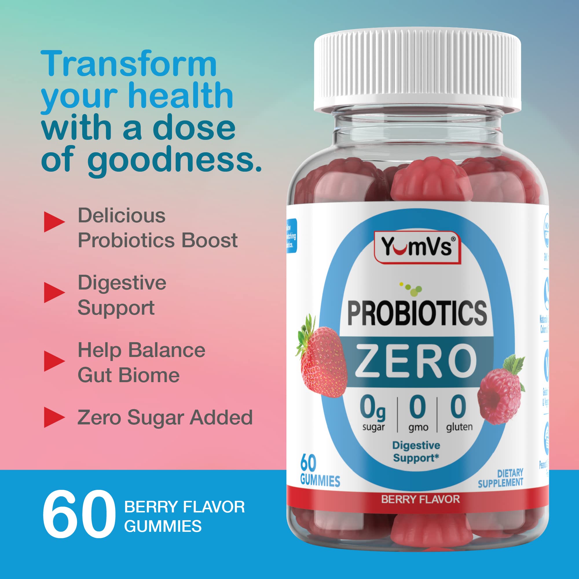 YUM-V'S Zero Sugar Probiotic Gummies | Digestive Health & Gut Support - Sugar Free Probiotics