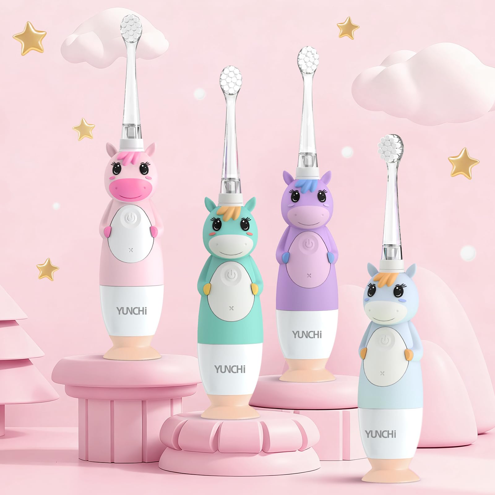 YUNCHI Toddler Electric Toothbrush Pink – 0-6 Years, LED Light, 2-Minute Timer, 4 Brush Heads