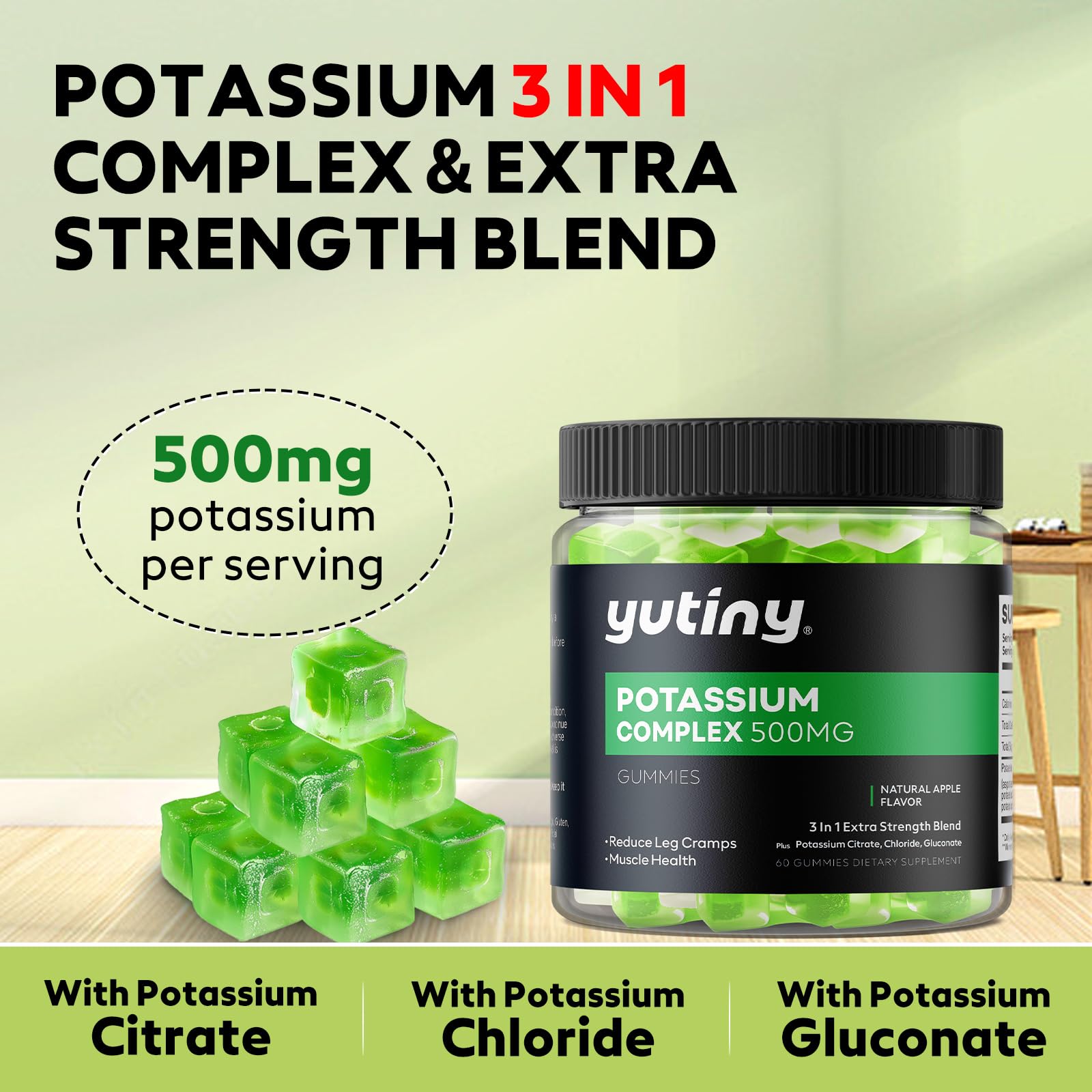 Yutiny Potassium Gummies 500mg 3 in 1 Complex – 60 Count