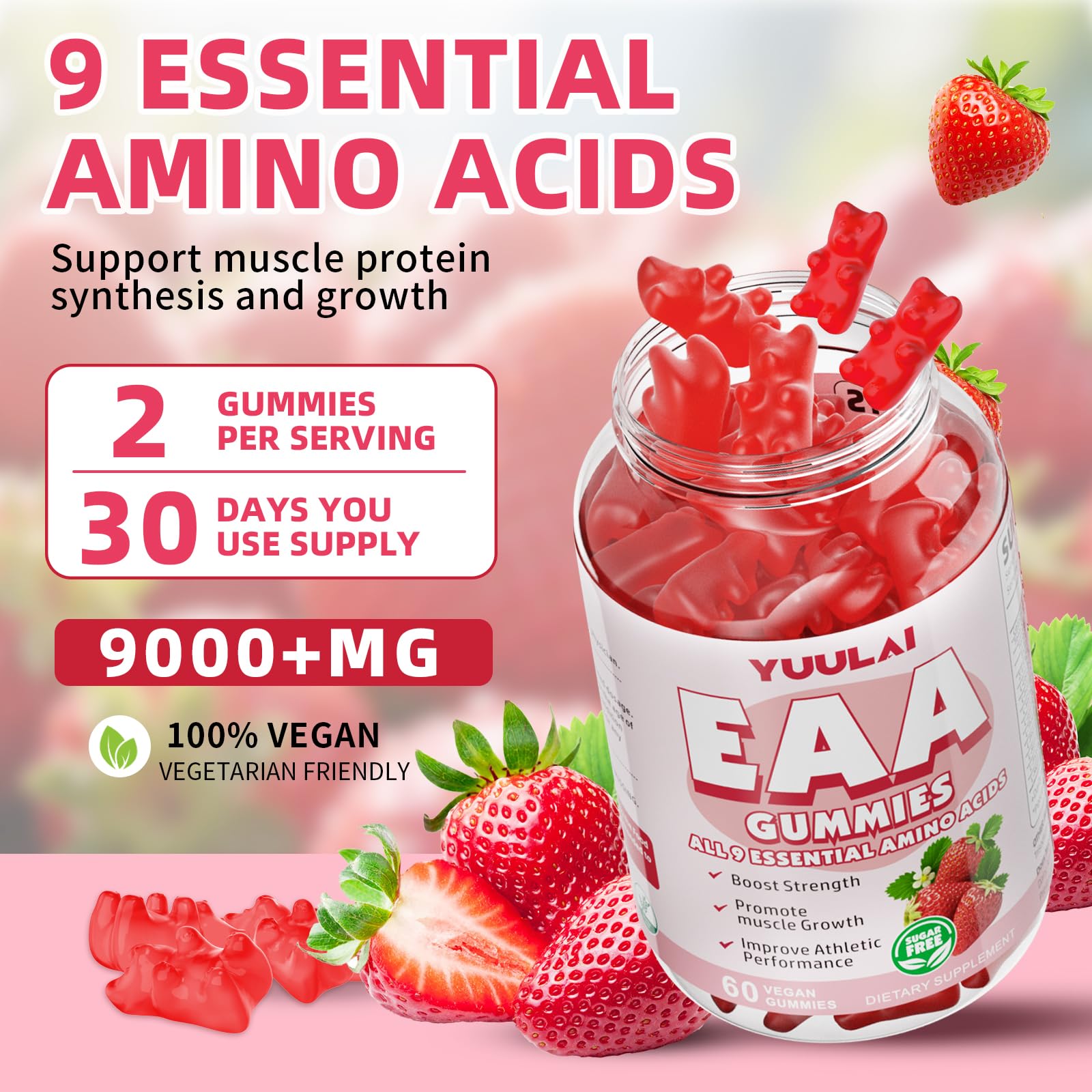 YUULAI EAA Gummies Pack (2 Bottles) – 9 EAAs + BCAAs, Strawberry, 120 Count