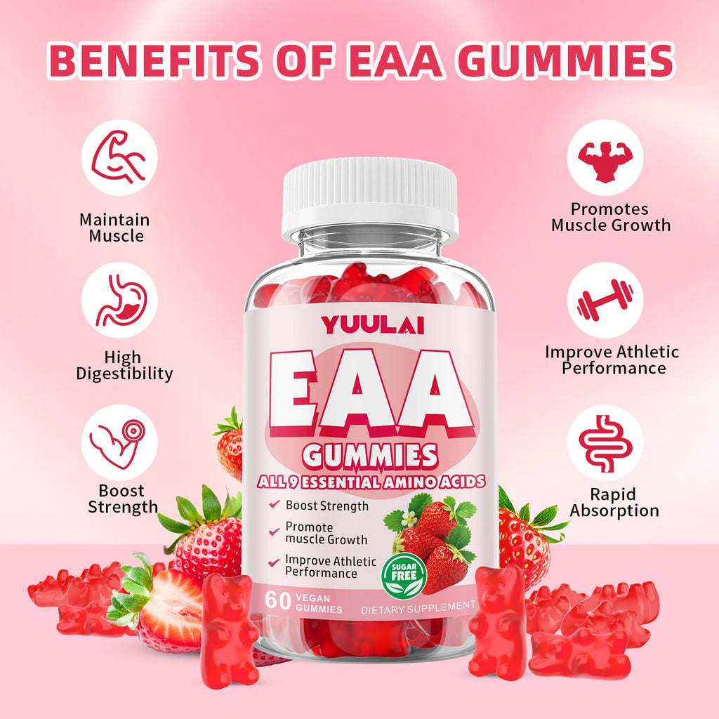 YUULAI EAA Gummies Pack (2 Bottles) – 9 EAAs + BCAAs, Strawberry, 120 Count