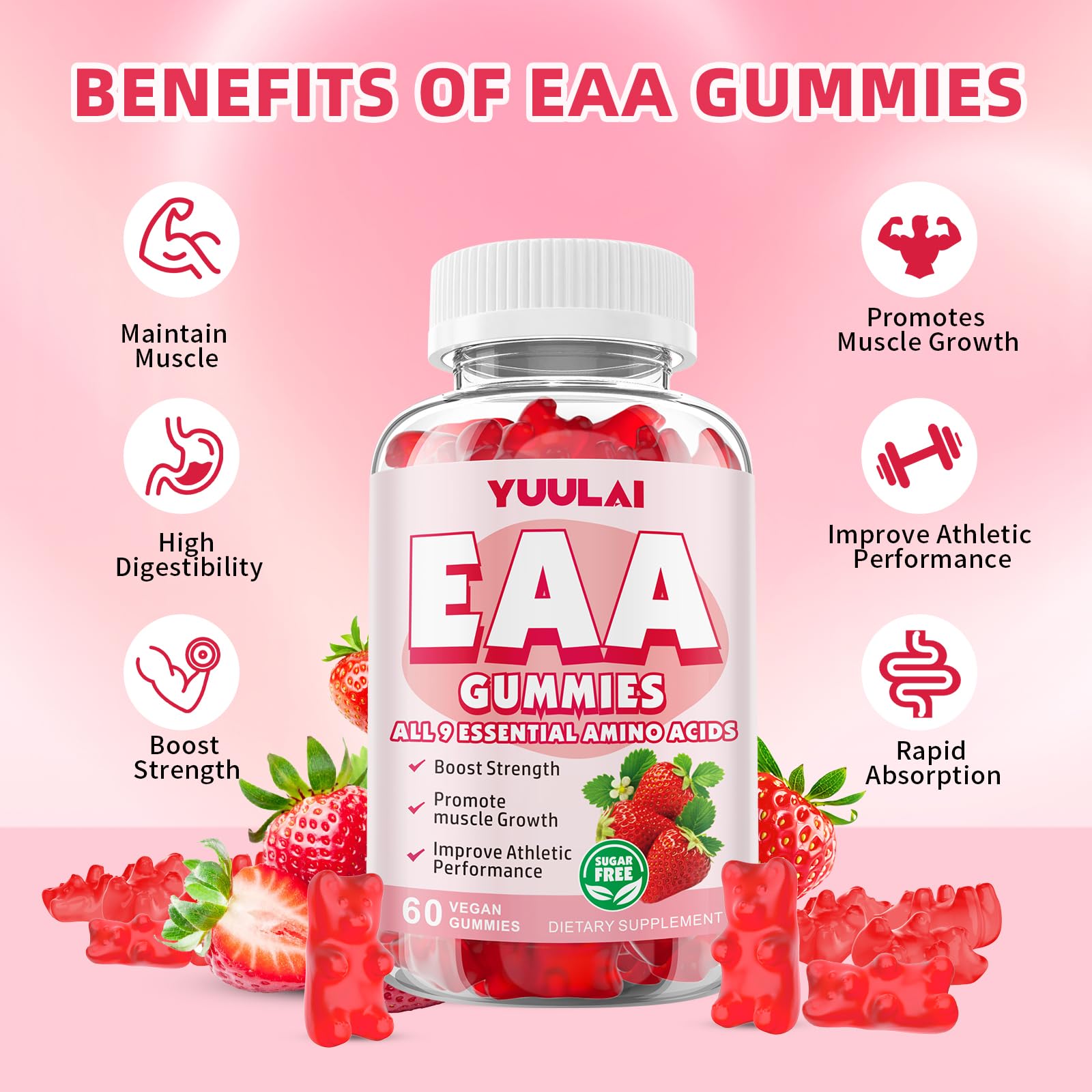 YUULAI EAA Gummies Pack (2 Bottles) – 9 EAAs + BCAAs, Strawberry, 120 Count