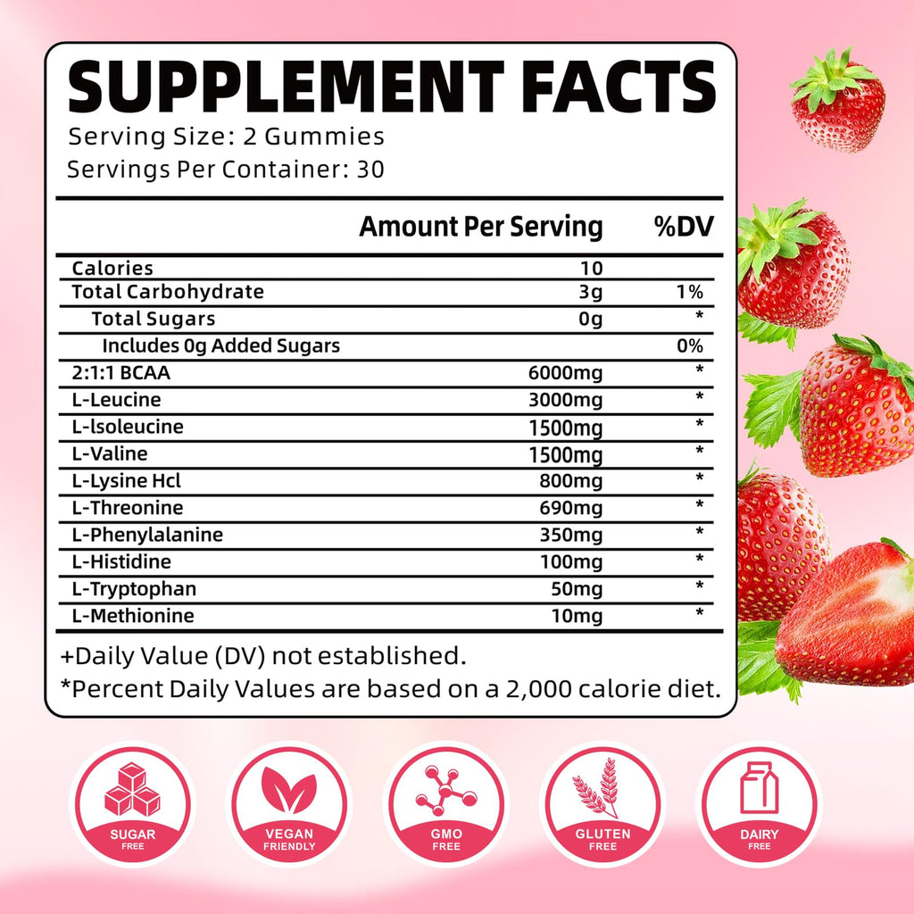 YUULAI EAA Gummies Pack (2 Bottles) – 9 EAAs + BCAAs, Strawberry, 120 Count