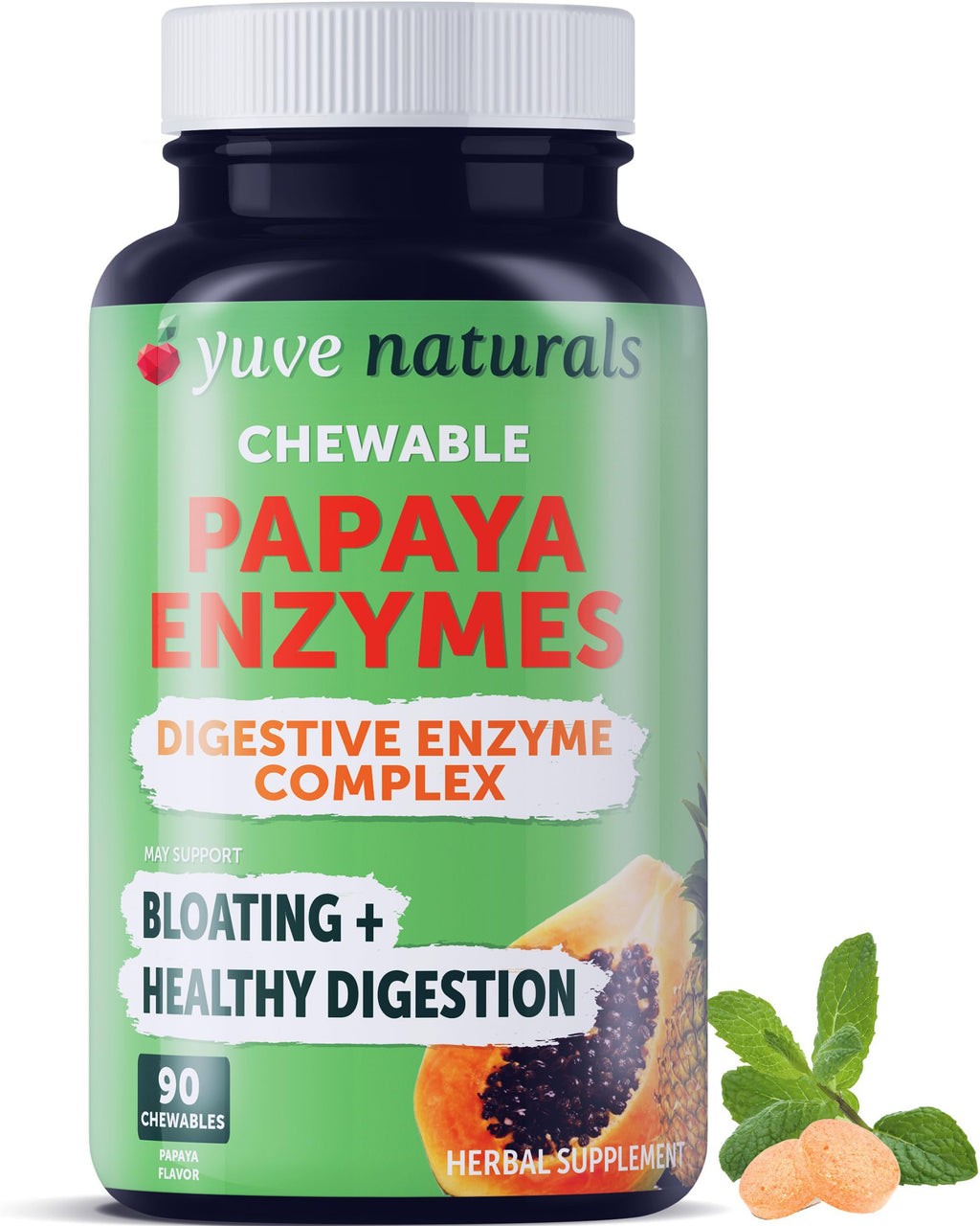 Yuve Naturals Chewable Papaya Enzymes – Sugar-Free Plant-Based Digestive Enzymes – Vegan, Non-GMO, Gluten-Free – 90ct