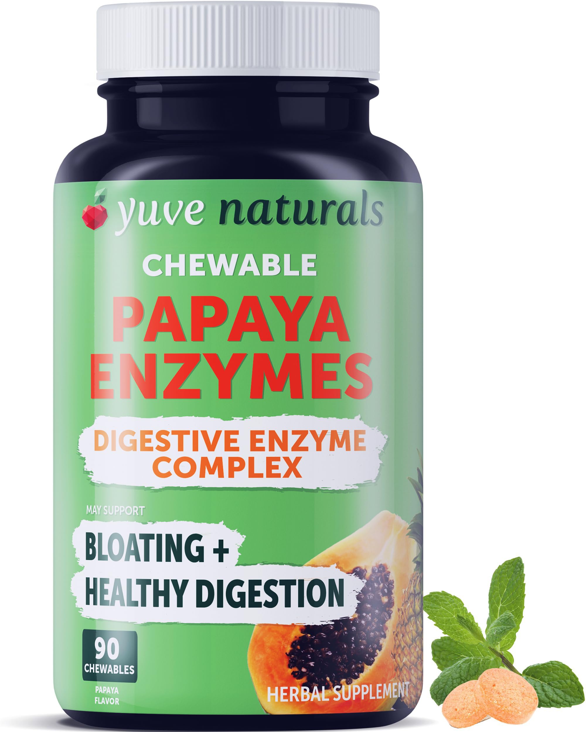 Yuve Naturals Chewable Papaya Enzymes – Sugar-Free Plant-Based Digestive Enzymes – Vegan, Non-GMO, Gluten-Free – 90ct