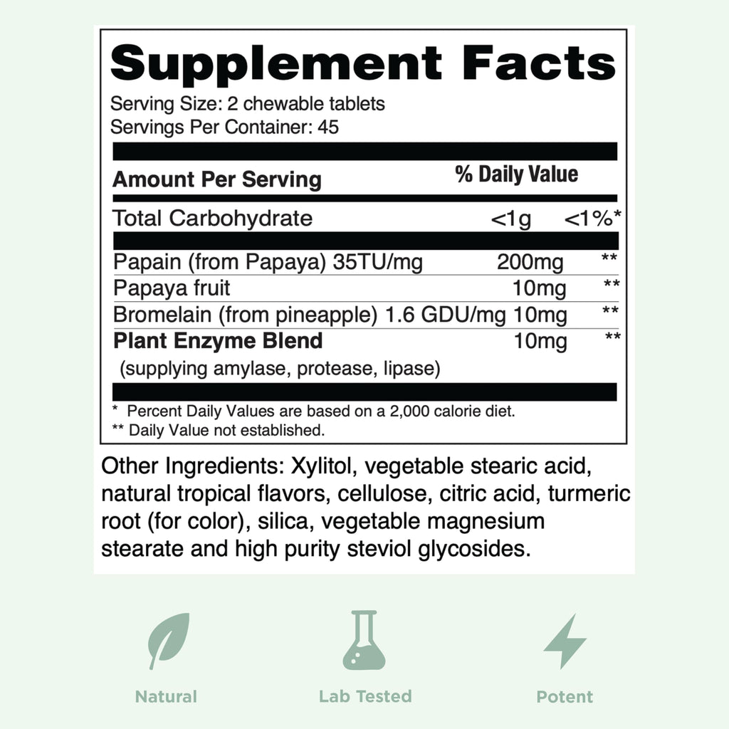 Yuve Naturals Chewable Papaya Enzymes – Sugar-Free Plant-Based Digestive Enzymes – Vegan, Non-GMO, Gluten-Free – 90ct