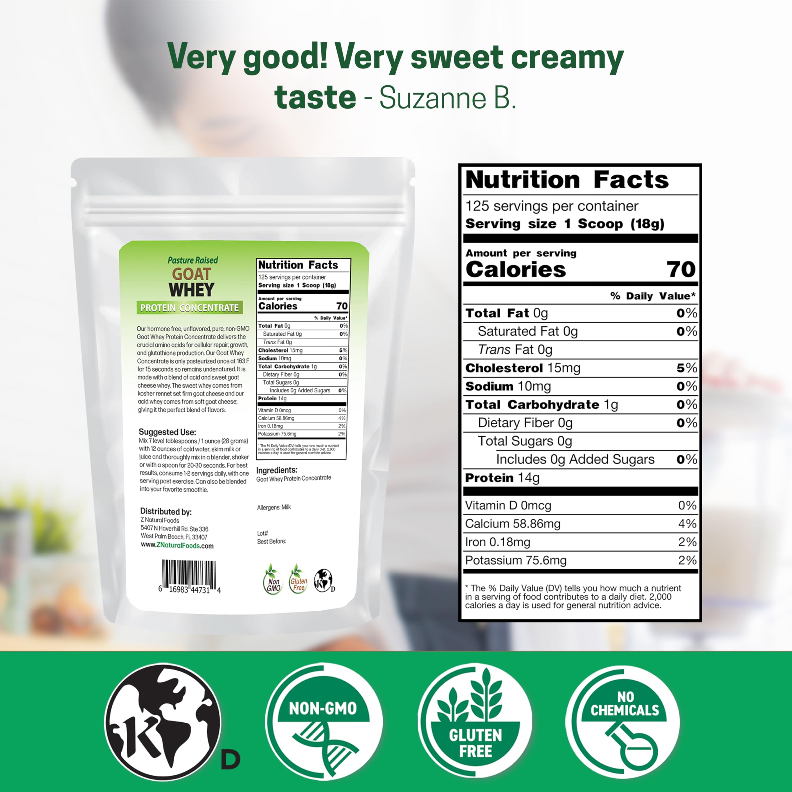 Z Natural Foods Goat Whey Protein Powder Concentrate - Undenatured, Unflavored, Pasture-Raised Goat Protein (5 lb)