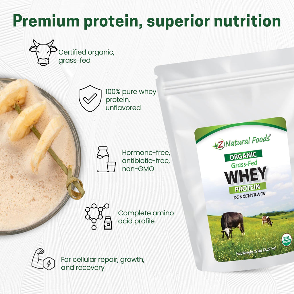 Z Natural Foods Organic Grass-Fed Whey Protein Concentrate – Unflavored, Cold-Processed, 5 lb