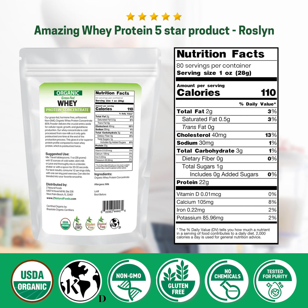 Z Natural Foods Organic Grass-Fed Whey Protein Concentrate – Unflavored, Cold-Processed, 5 lb