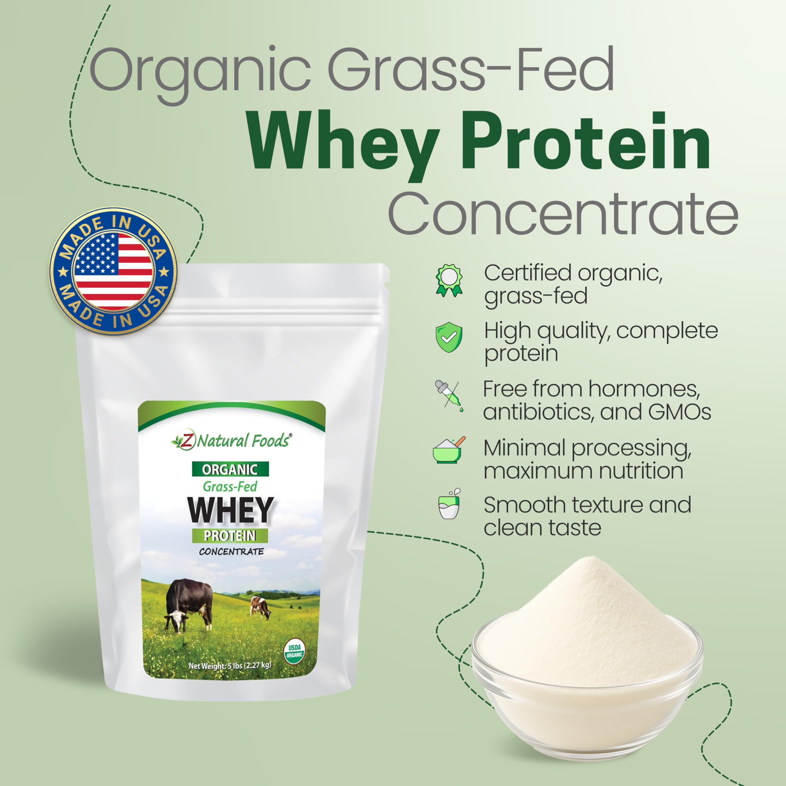 Z Natural Foods Organic Grass-Fed Whey Protein Concentrate – Unflavored, Cold-Processed, 5 lb