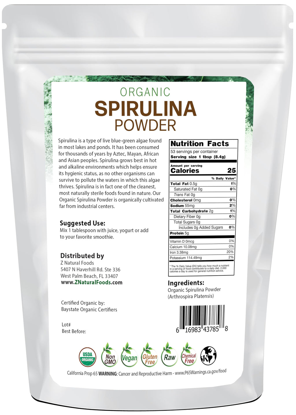 Z Natural Foods Organic Spirulina Powder - 100% Pure Spirulina, Nutrient-Dense Blue-Green Algae Superfood with Amino Acids, 15x Beta-Carotene - Mix in Smoothies, Yogurt, Recipes, 1 lb (Pack of 2)