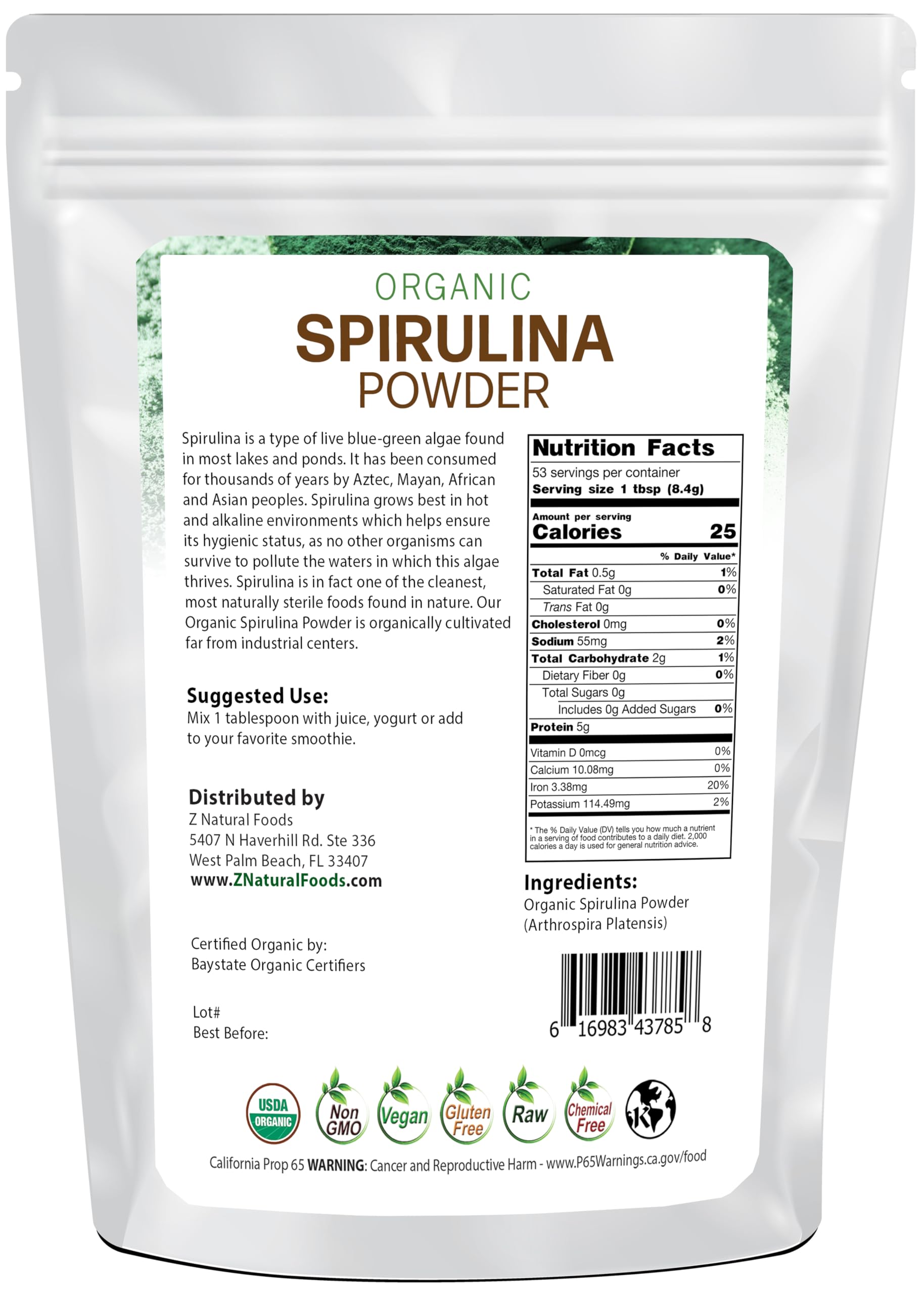 Z Natural Foods Organic Spirulina Powder - 100% Pure Spirulina, Nutrient-Dense Blue-Green Algae Superfood with Amino Acids, 15x Beta-Carotene - Mix in Smoothies, Yogurt, Recipes, 1 lb (Pack of 2)