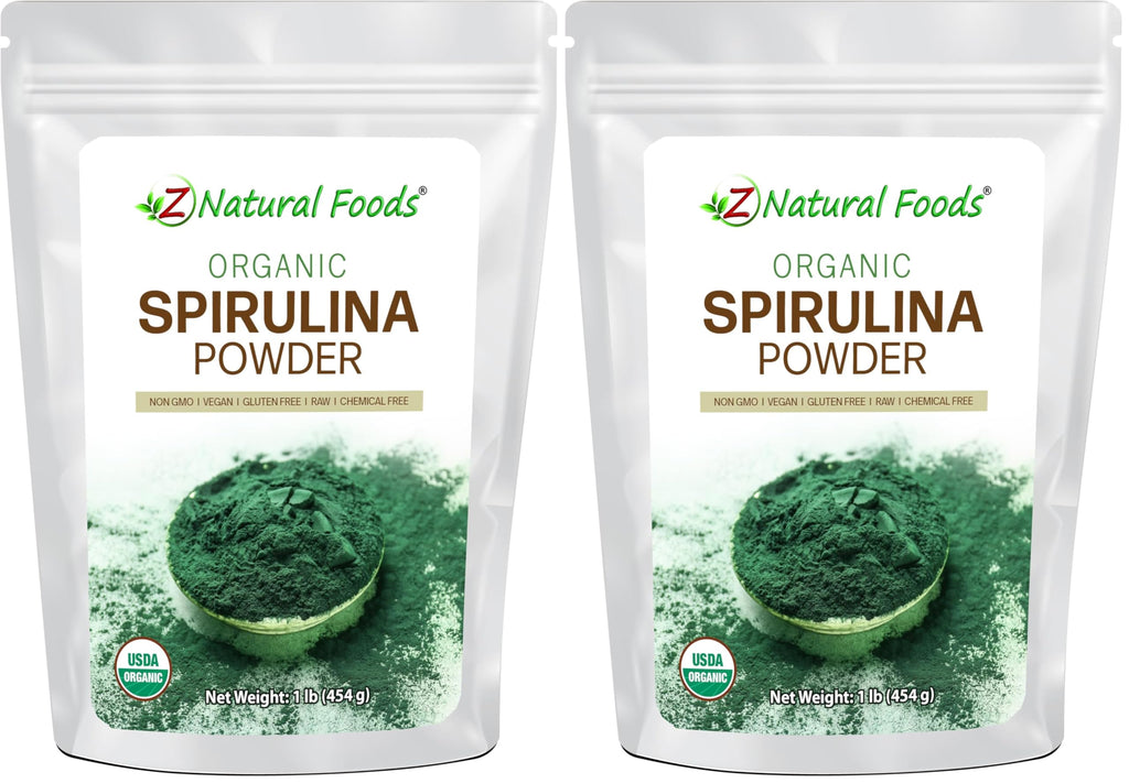 Z Natural Foods Organic Spirulina Powder - 100% Pure Spirulina, Nutrient-Dense Blue-Green Algae Superfood with Amino Acids, 15x Beta-Carotene - Mix in Smoothies, Yogurt, Recipes, 1 lb (Pack of 2)