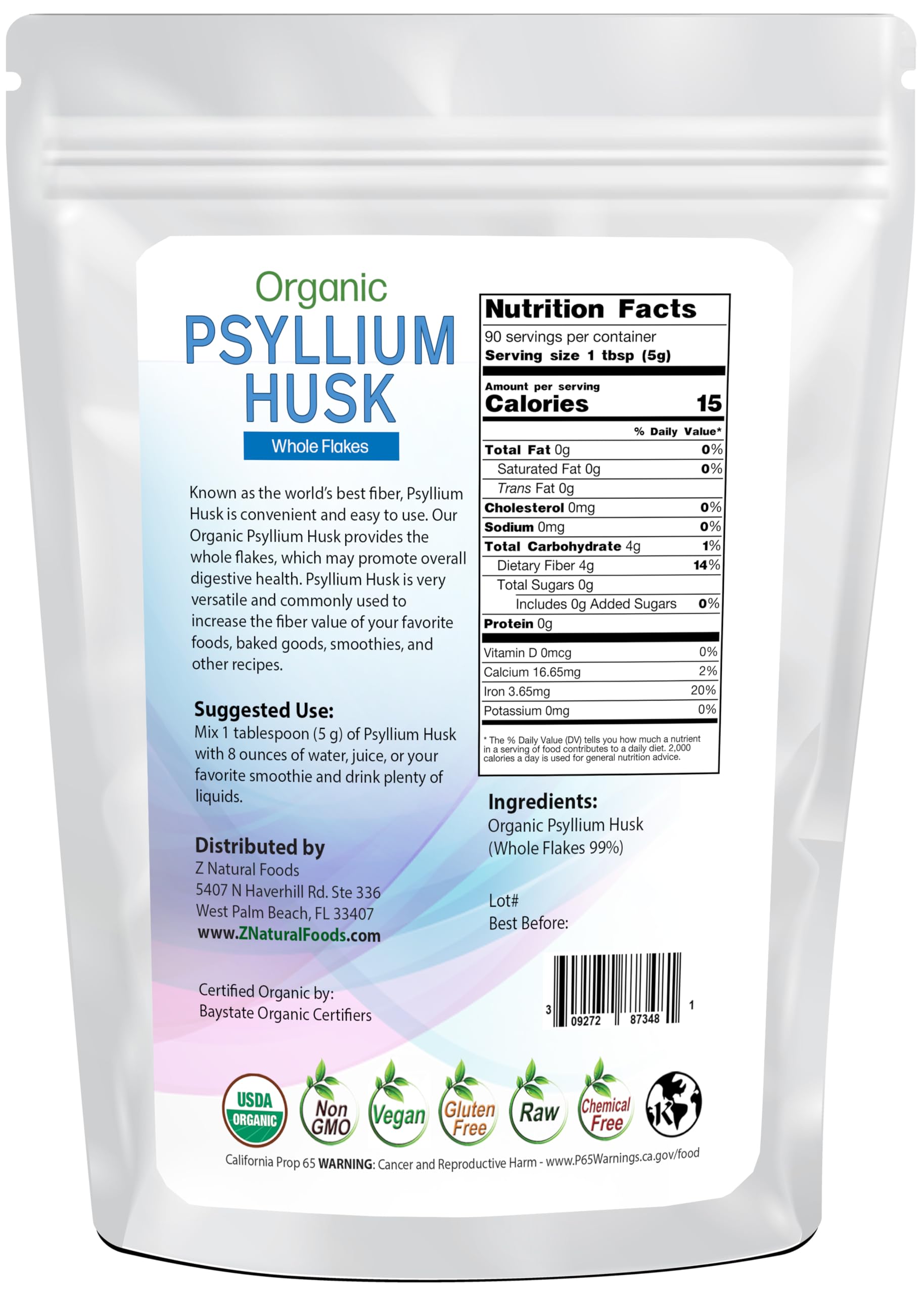Z Natural Foods Organic Whole Psyllium Husk Flakes – Natural Fiber Supplement, Vegan, Gluten-Free, 1 lb