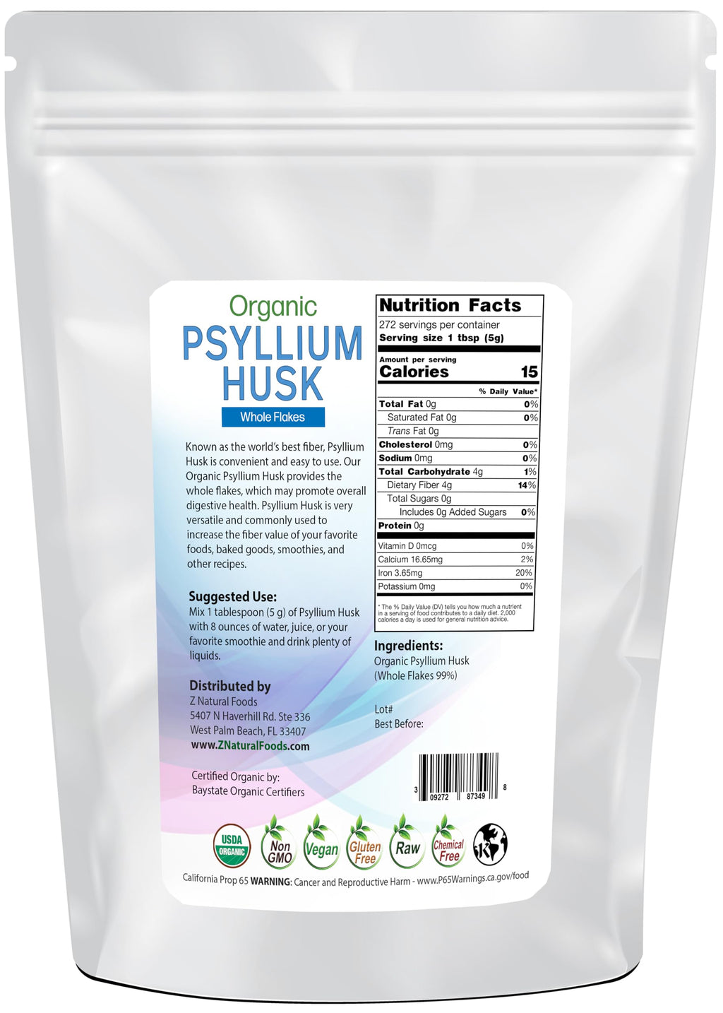 Z Natural Foods Organic Whole Psyllium Husk Flakes – 3 lb, Non-GMO, Vegan & Gluten-Free