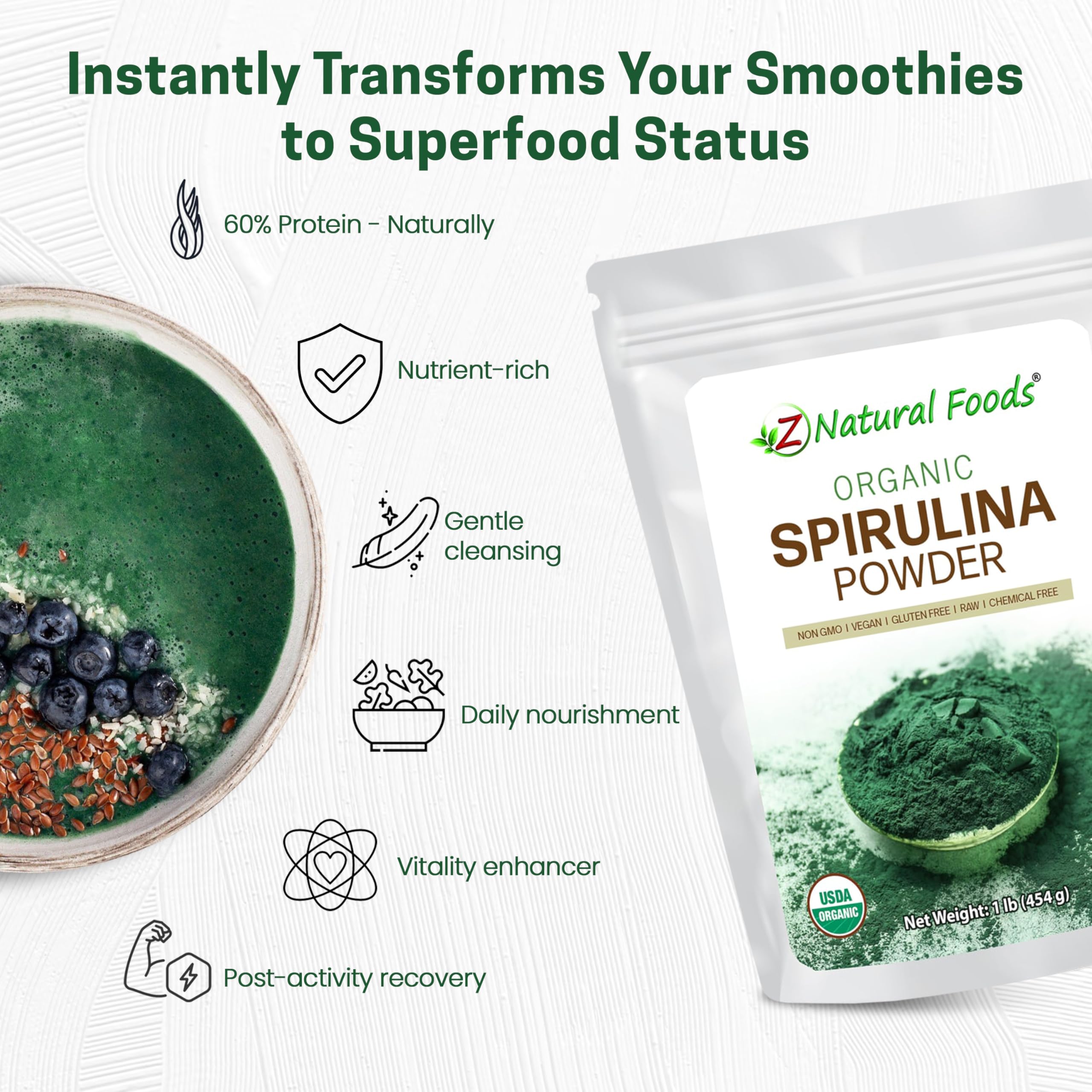 Z Natural Foods Organic Spirulina Powder – 100% Pure, Nutrient-Dense Blue-Green Algae