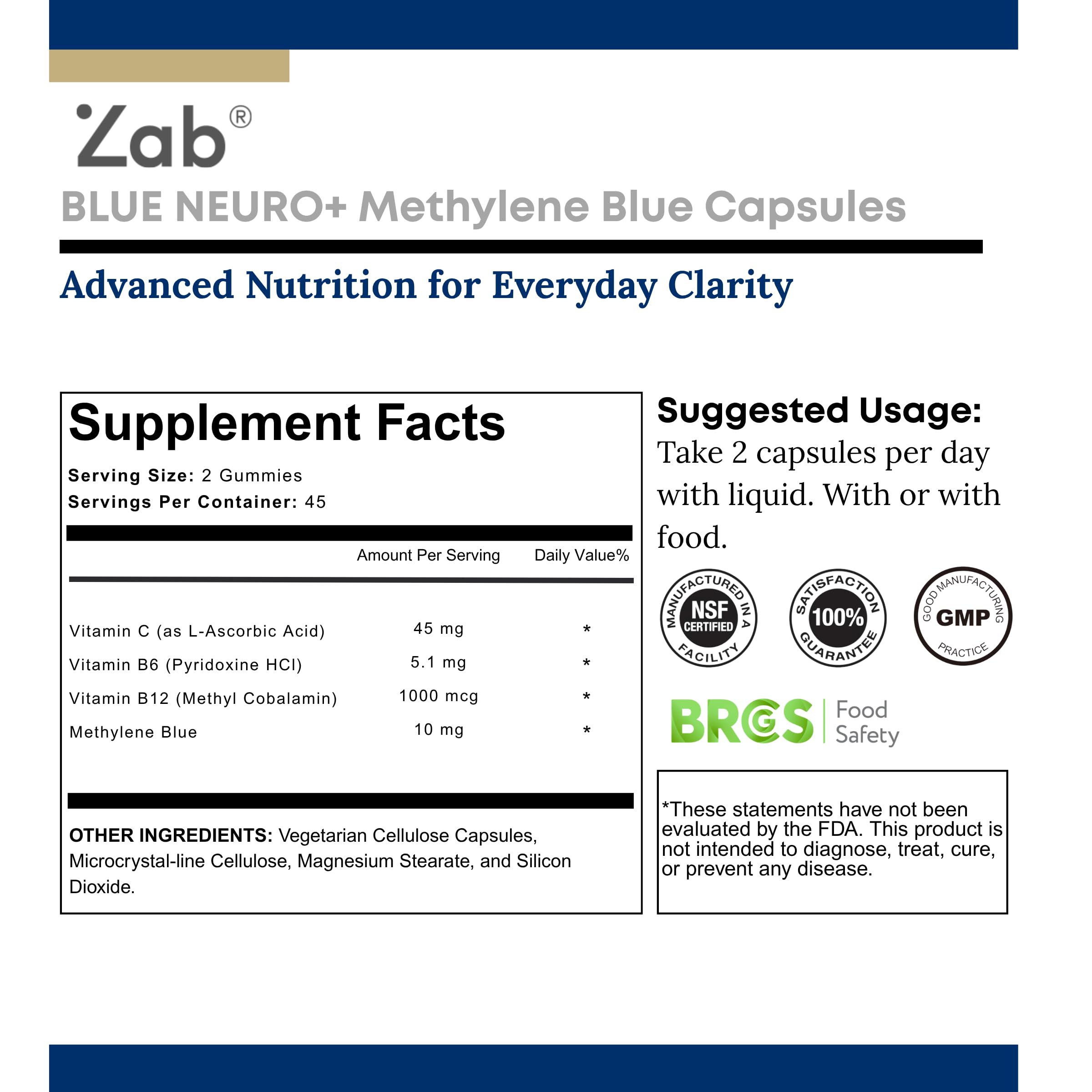 ZAB Methylene Blue Capsules | Brain Support with Vitamin C & B Complex – 10 mg USP Grade