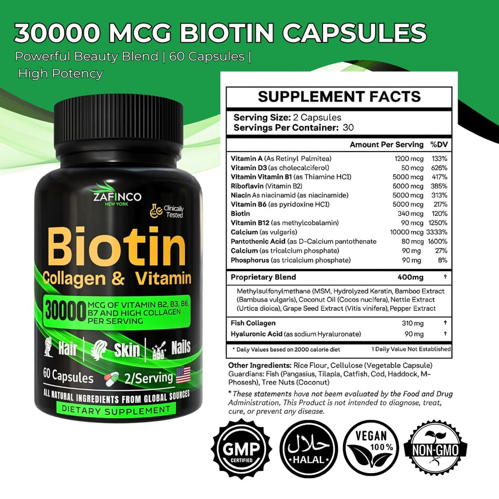 ZAFiNCO 30000 mcg Biotin Hair Skin Nails – High Potency, Hyaluronic Acid | 60 Capsules | Made in USA