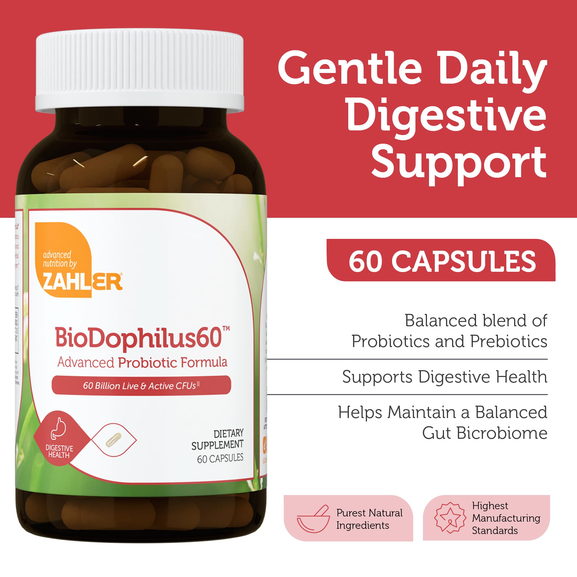 Zahler BioDophilus60 – 60 Billion CFU Probiotic + Prebiotic | 11 Strains | Kosher Digestive Health (60 Capsules)
