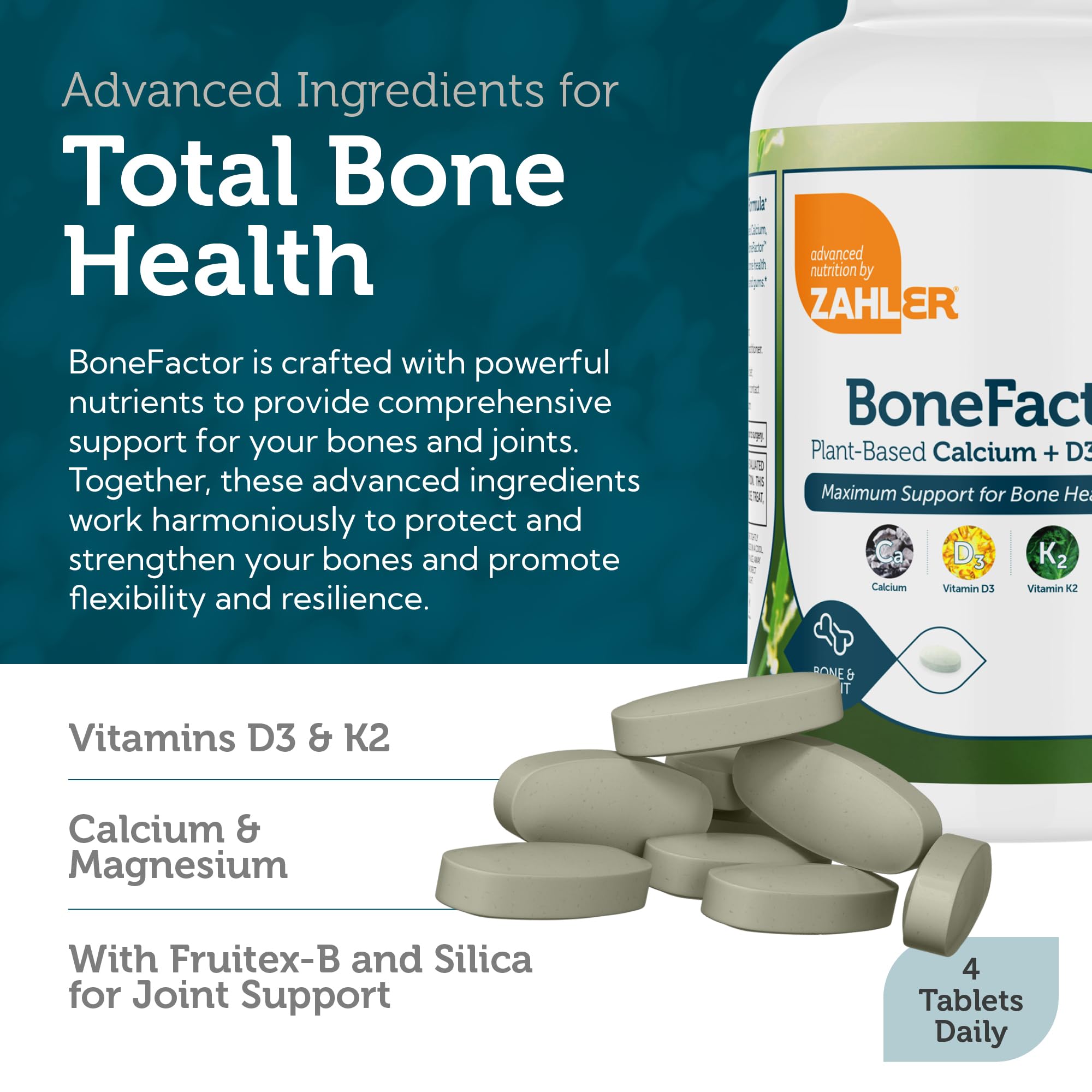 Zahler Bonefactor – Bone Strength Supplement with Calcium, Vitamin D, Vitamin K, Magnesium | Certified Kosher | 120 Tablets