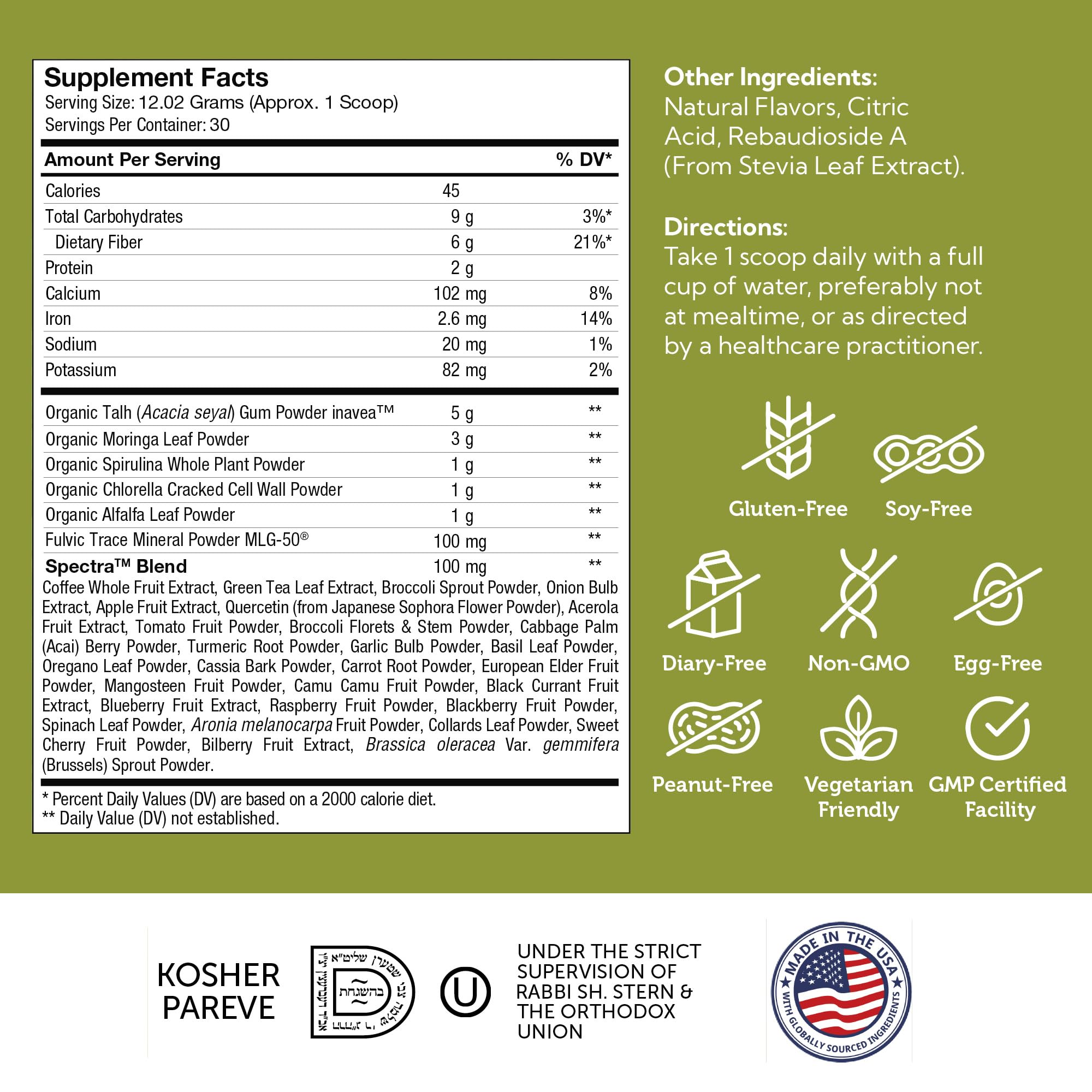 Zahler Core Greens Powder - Organic Greens Superfood (Citrus) | Spirulina, Chlorella & More