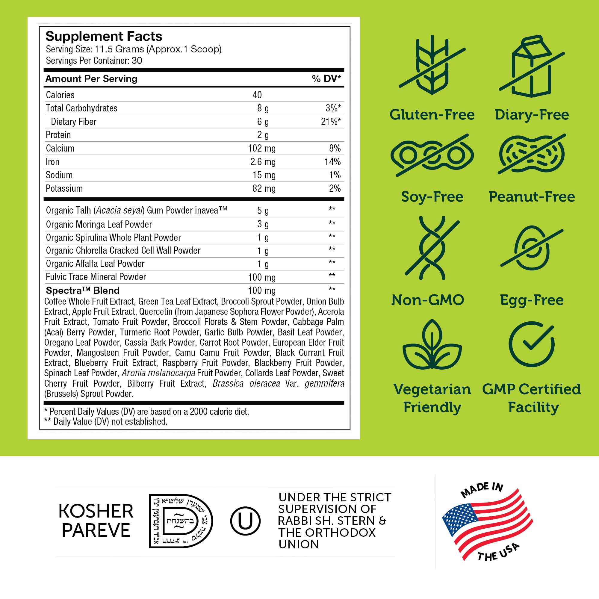 Zahler Core Greens Powder – Superfood Greens, Spirulina, Chlorophyll | Kosher