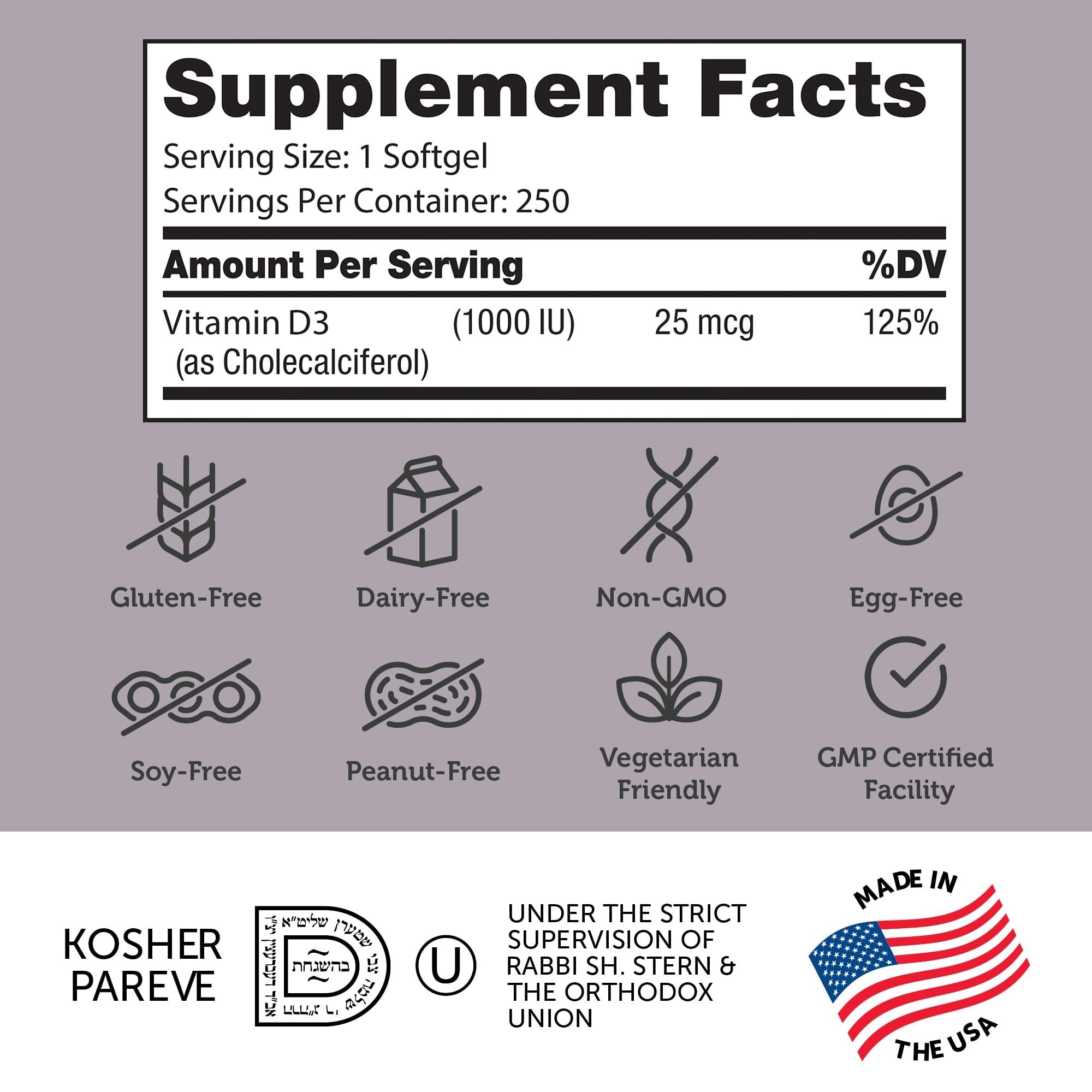 Zahler Vitamin D3 1000 IU Softgels (250 Count) – Kosher, Vegetarian Friendly, Immune, Bone & Teeth Support