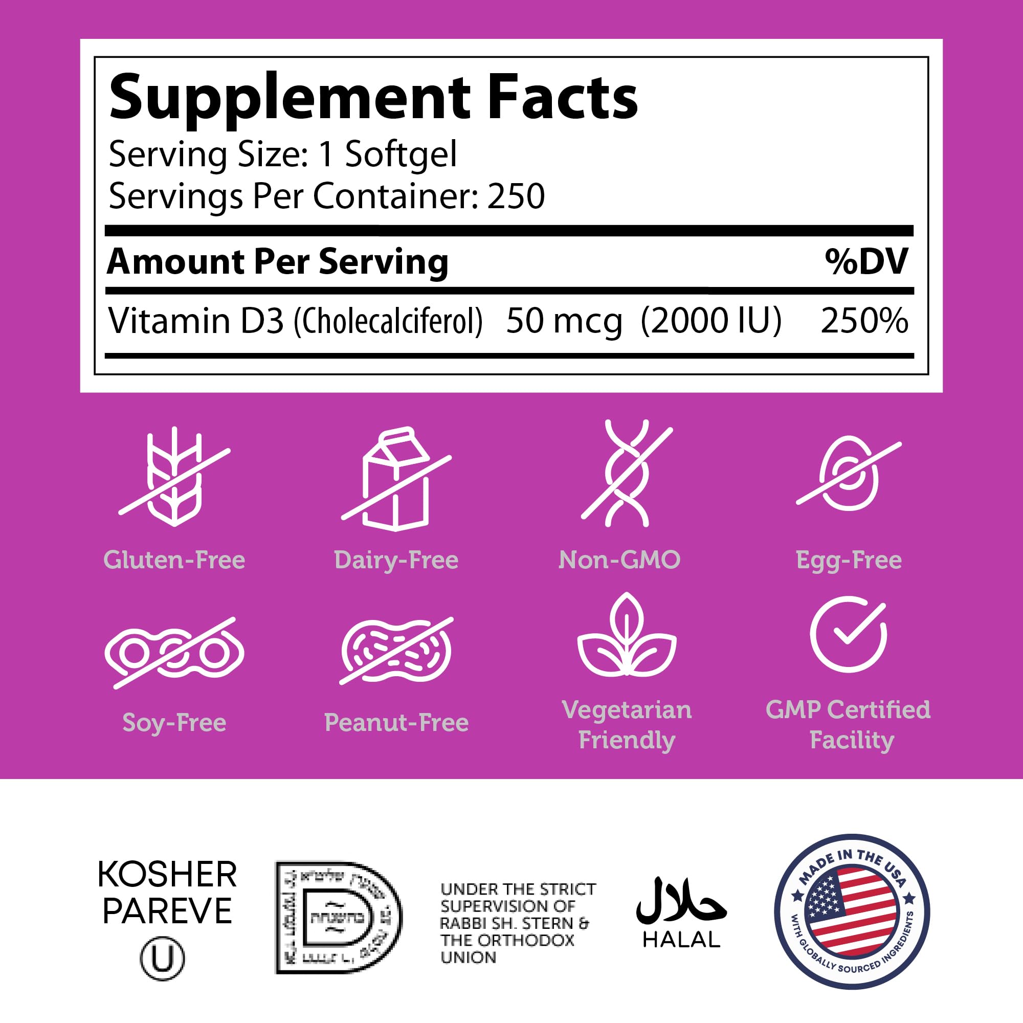 Zahler Vitamin D3 2000 IU Softgels (250 ct) – Kosher & Vegetarian | Immune, Bone & Teeth Support