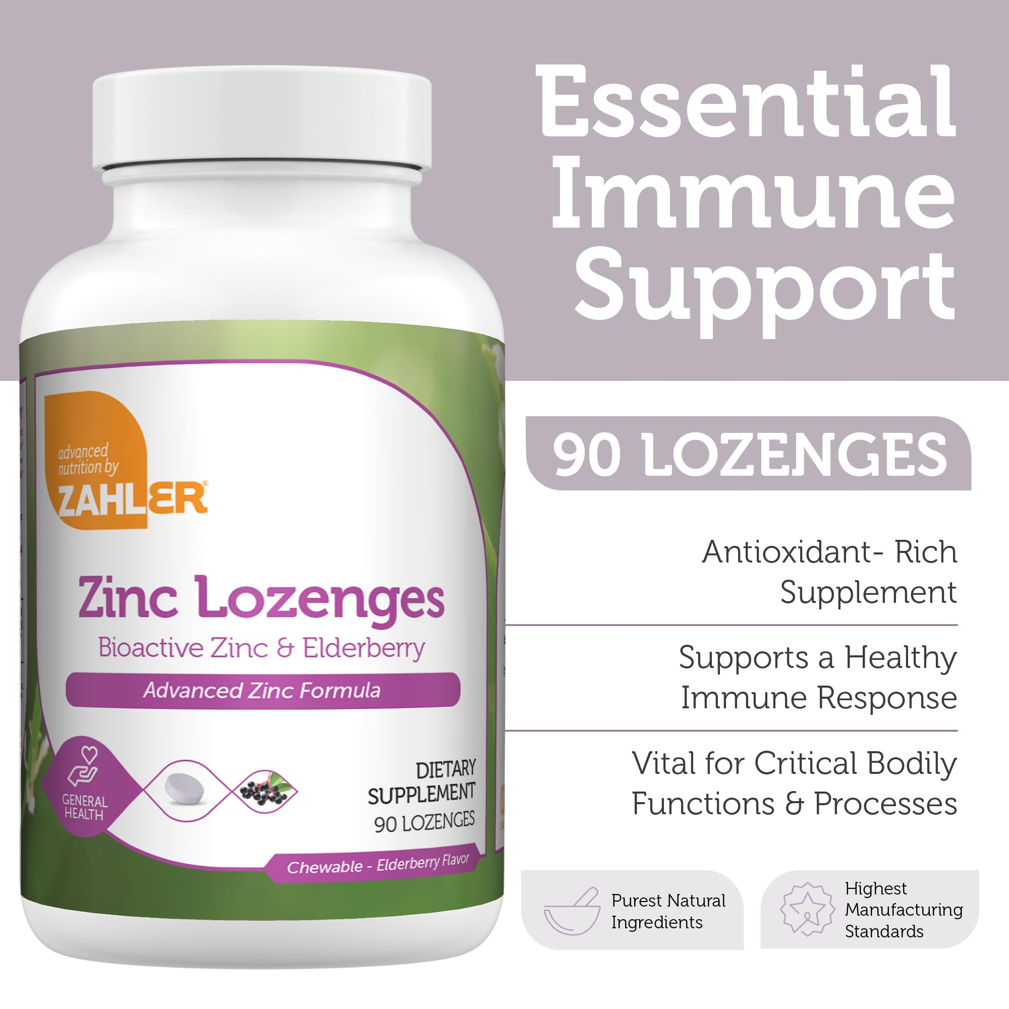 Zahler Elderberry Zinc Lozenges – Immune Support for Adults & Kids, 90 Count | Made in USA