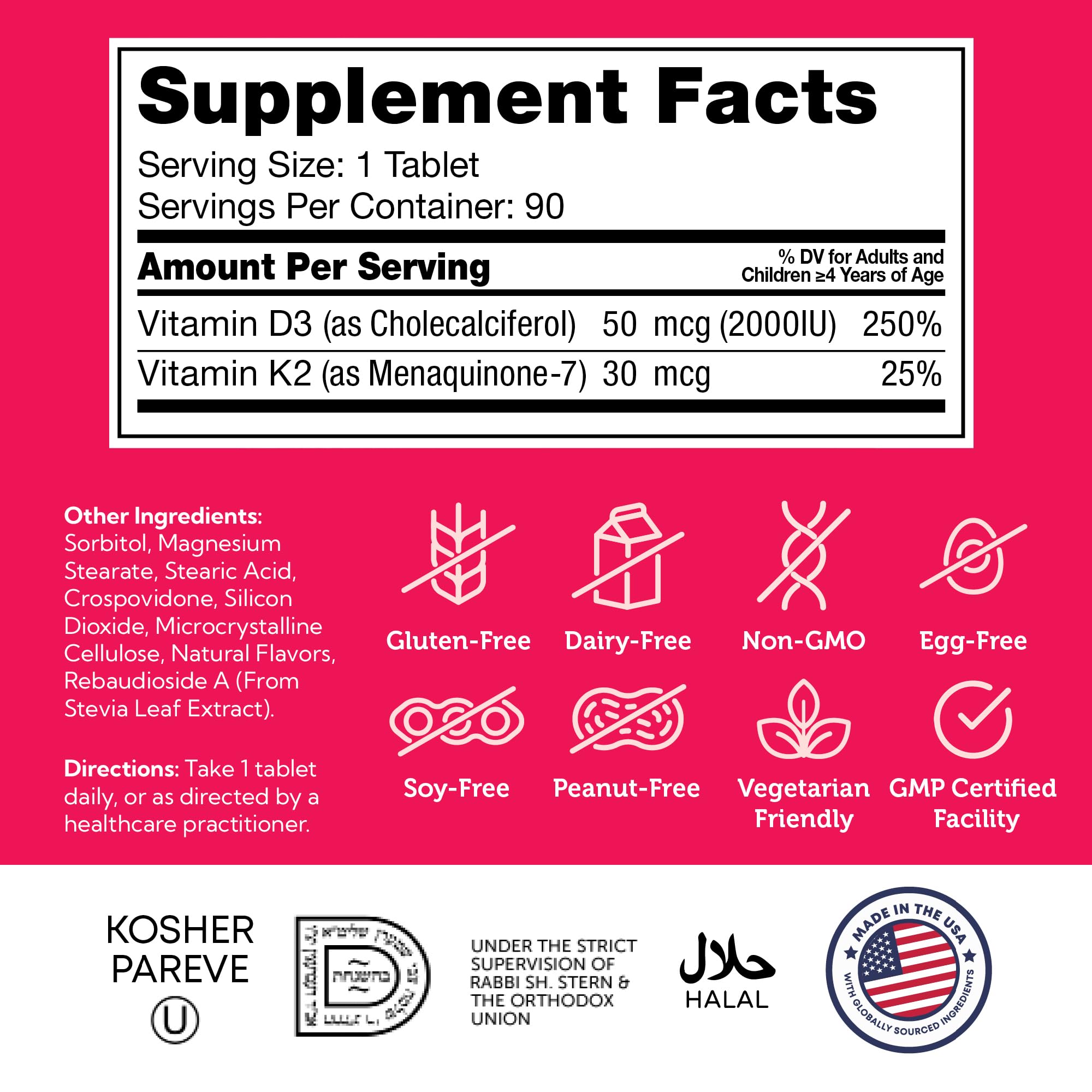 Zahler Junior Vitamin D3 + K2 Chewables for Kids - 2000 IU | 90 Count | Kosher
