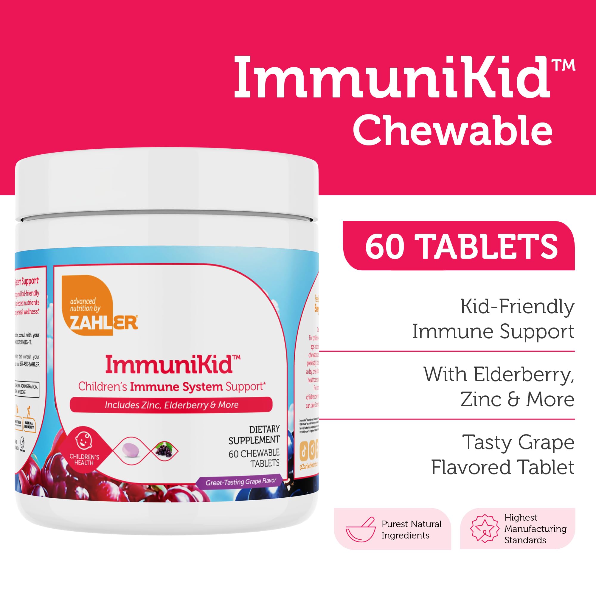 Zahler Kids Immune Support Supplement with Elderberry, Zinc & Vitamin C, D3 A – Grape Flavored Chewable Tablets, 60 Count