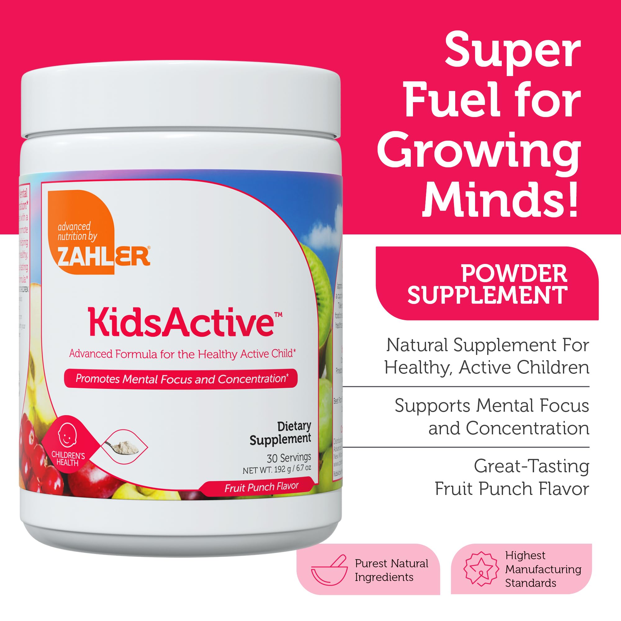 Zahler KidsActive - Kids Concentration Formula Powder | Fruit Punch, 30 Servings, Kosher