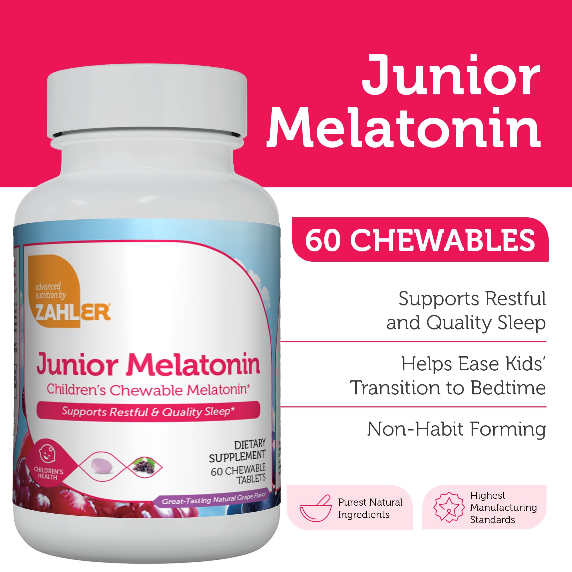 Zahler 1mg Kids Melatonin – Sleep Support for Ages 4+ | Grape Flavor, Kosher, Non-GMO (60 ct)