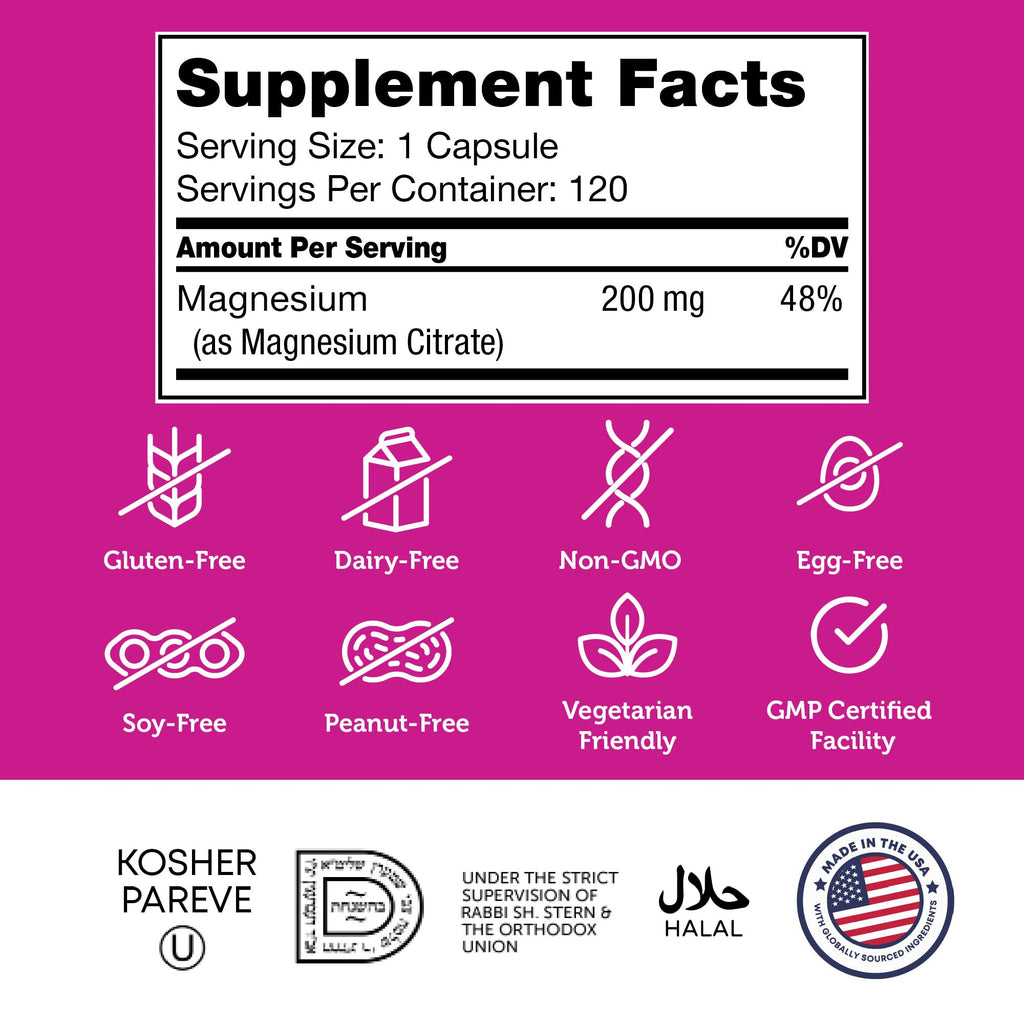 Zahler Magnesium Citrate 200 mg Capsules (120 Count) - Certified Kosher Bioactive Magnesium