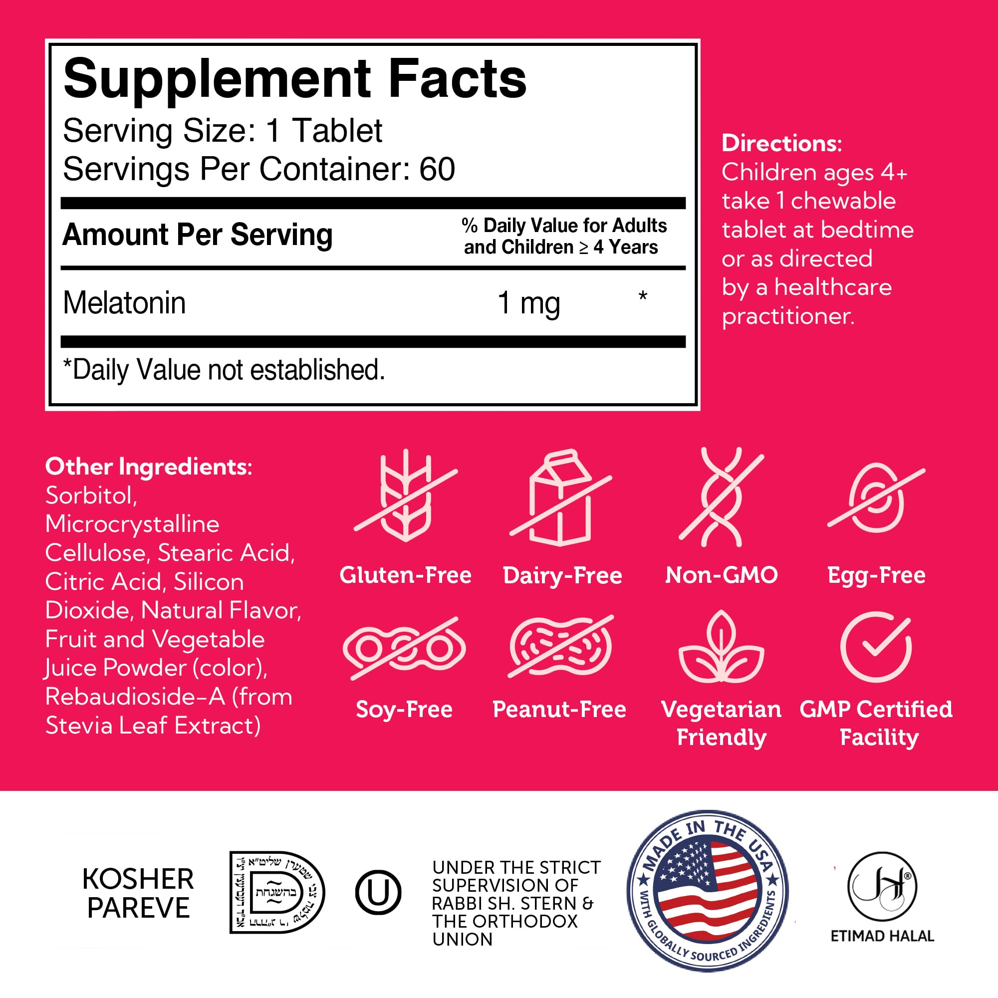 Zahler 1mg Kids Melatonin – Sleep Support for Ages 4+ | Grape Flavor, Kosher, Non-GMO (60 ct)