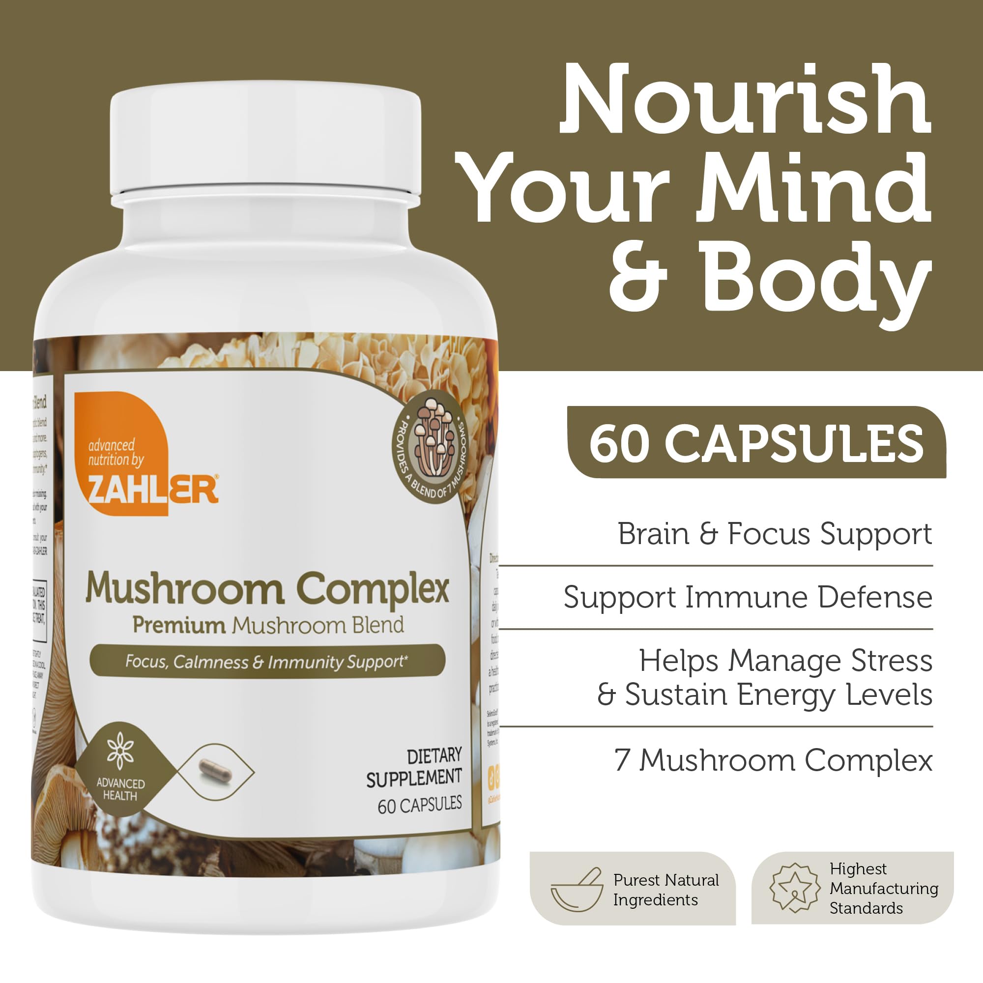 Zahler Mushroom Complex – 7-Mushroom Blend for Focus & Immunity, 60 Capsules