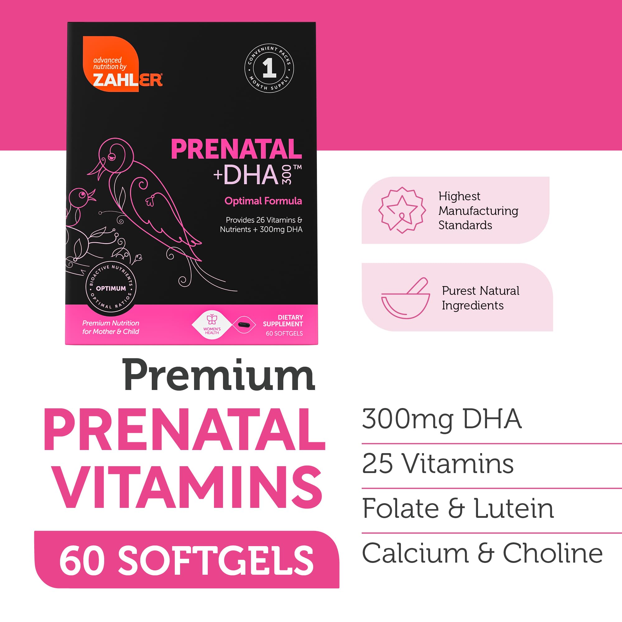 Zahler Prenatal Vitamin with DHA & Folate - 60 Softgels | Kosher Prenatal