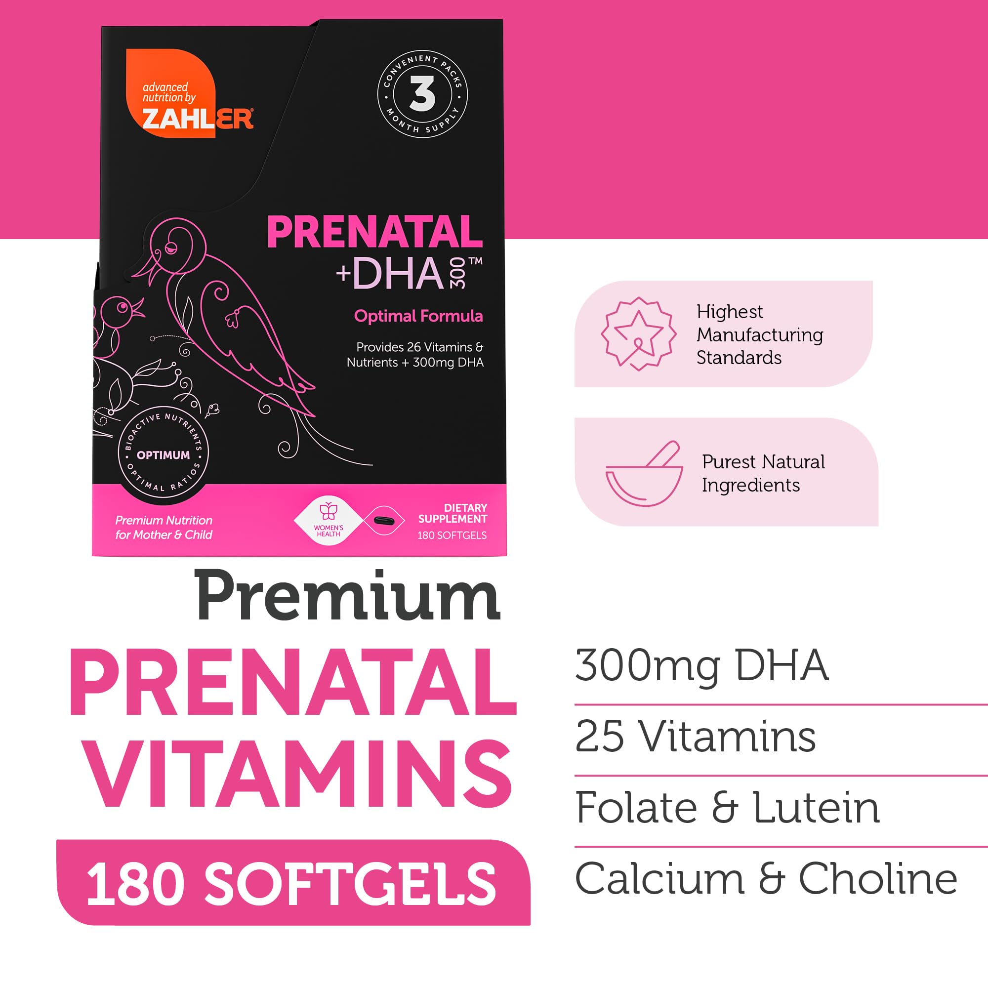 Zahler Prenatal Vitamin with DHA & Folate – 180 Softgels (Kosher)