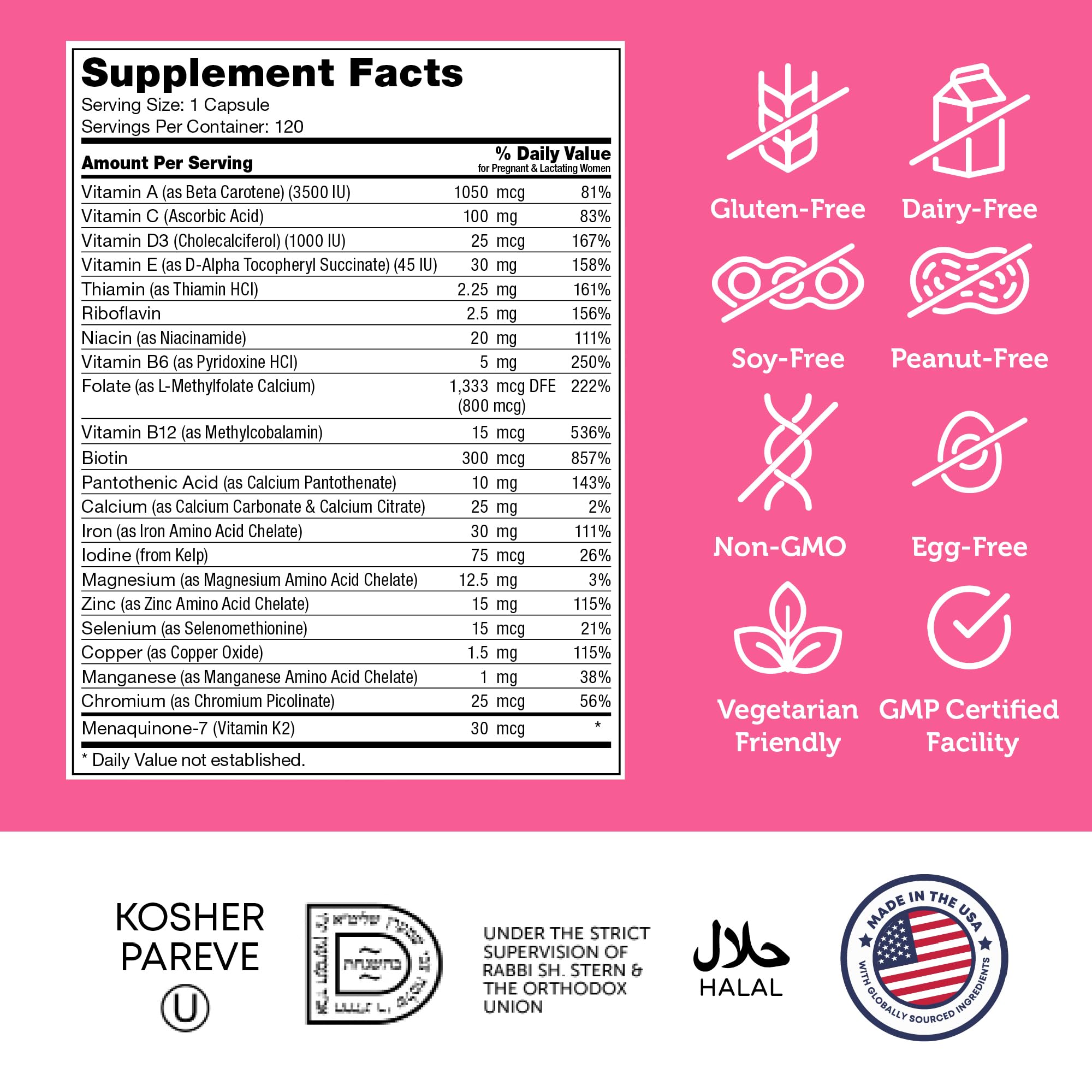 Zahler Total One Prenatal Vitamins – 120 Count | Kosher Prenatal Multivitamin with 22 Nutrients