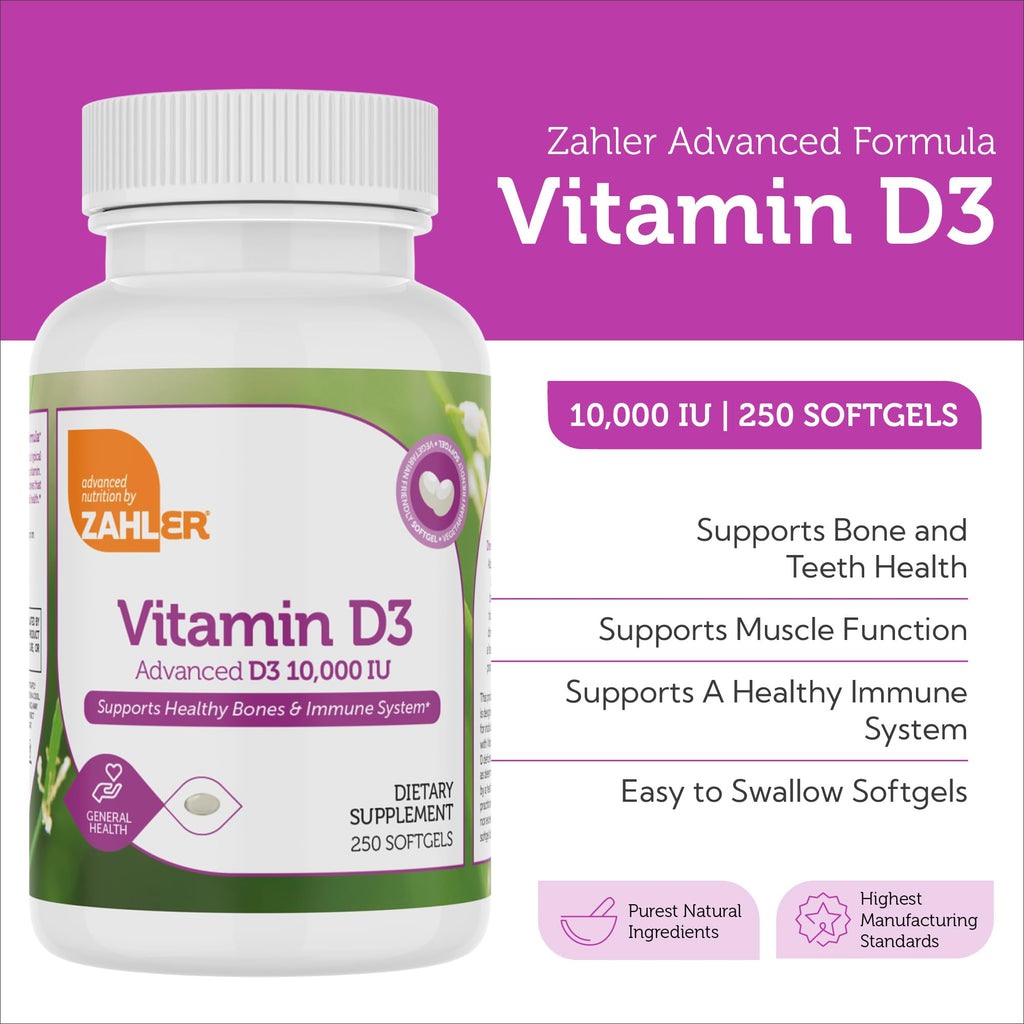 Zahler Vitamin D3 10,000 IU Softgels – 250 Count, 2-Pack | Kosher & Vegetarian