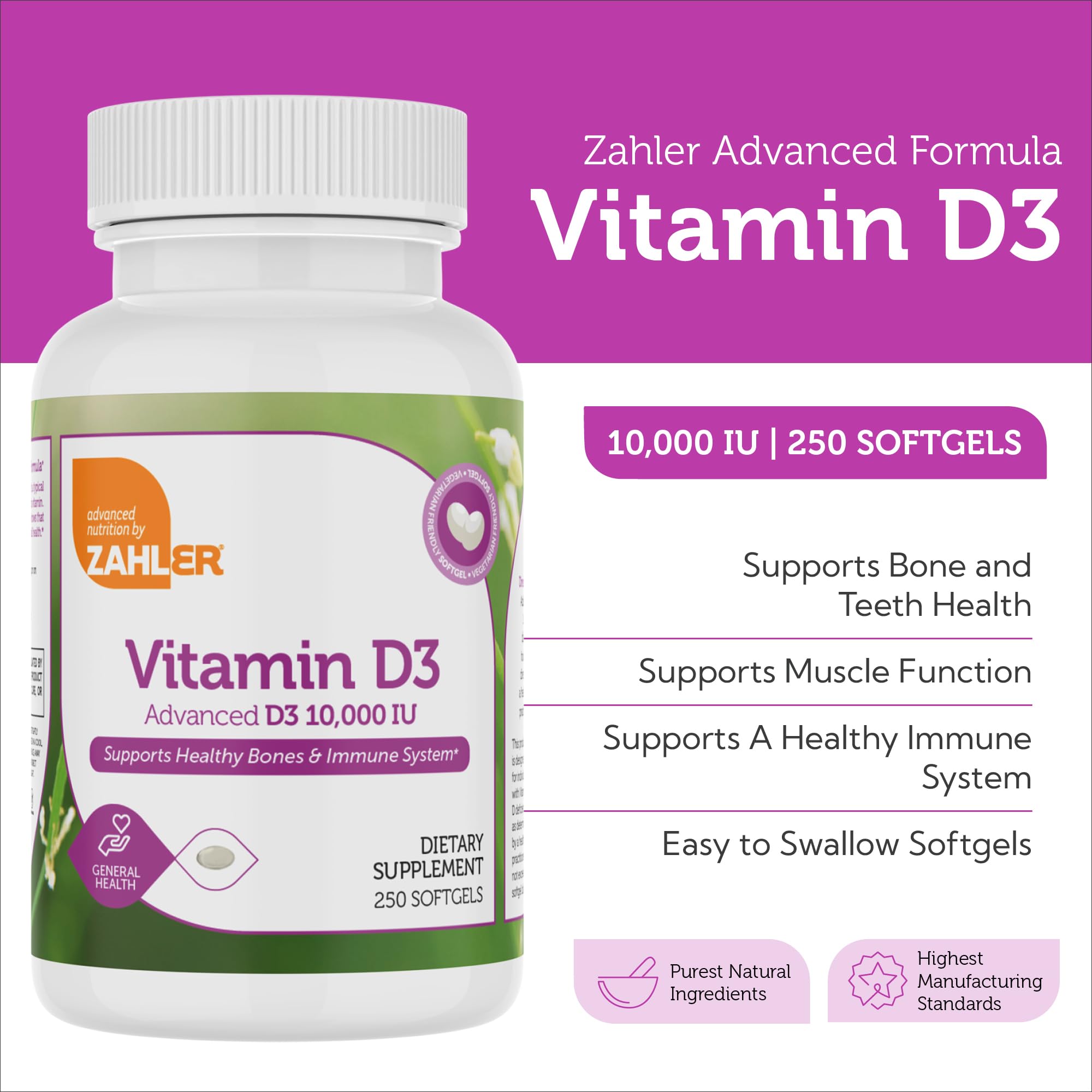 Zahler Vitamin D3 10,000 IU Softgels – 250 Count, 2-Pack | Kosher & Vegetarian